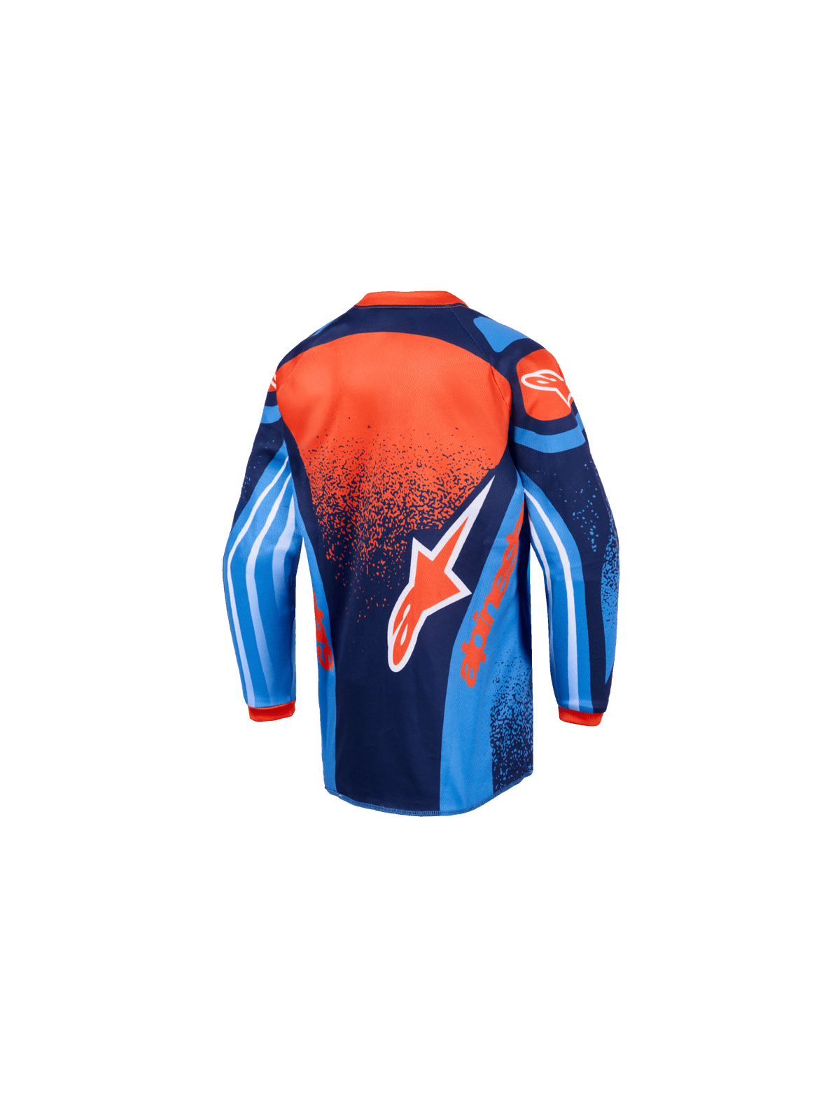 Koszulka dziecięca Alpinestars Racer Nomur 2026, koszulka motocrossowa, ciemnogranatowa, pomarańczowa i błękitna, widok z tyłu, duże logo Alpinestars, przedłużony tył, dynamiczna grafika na rękawach dla młodzieży