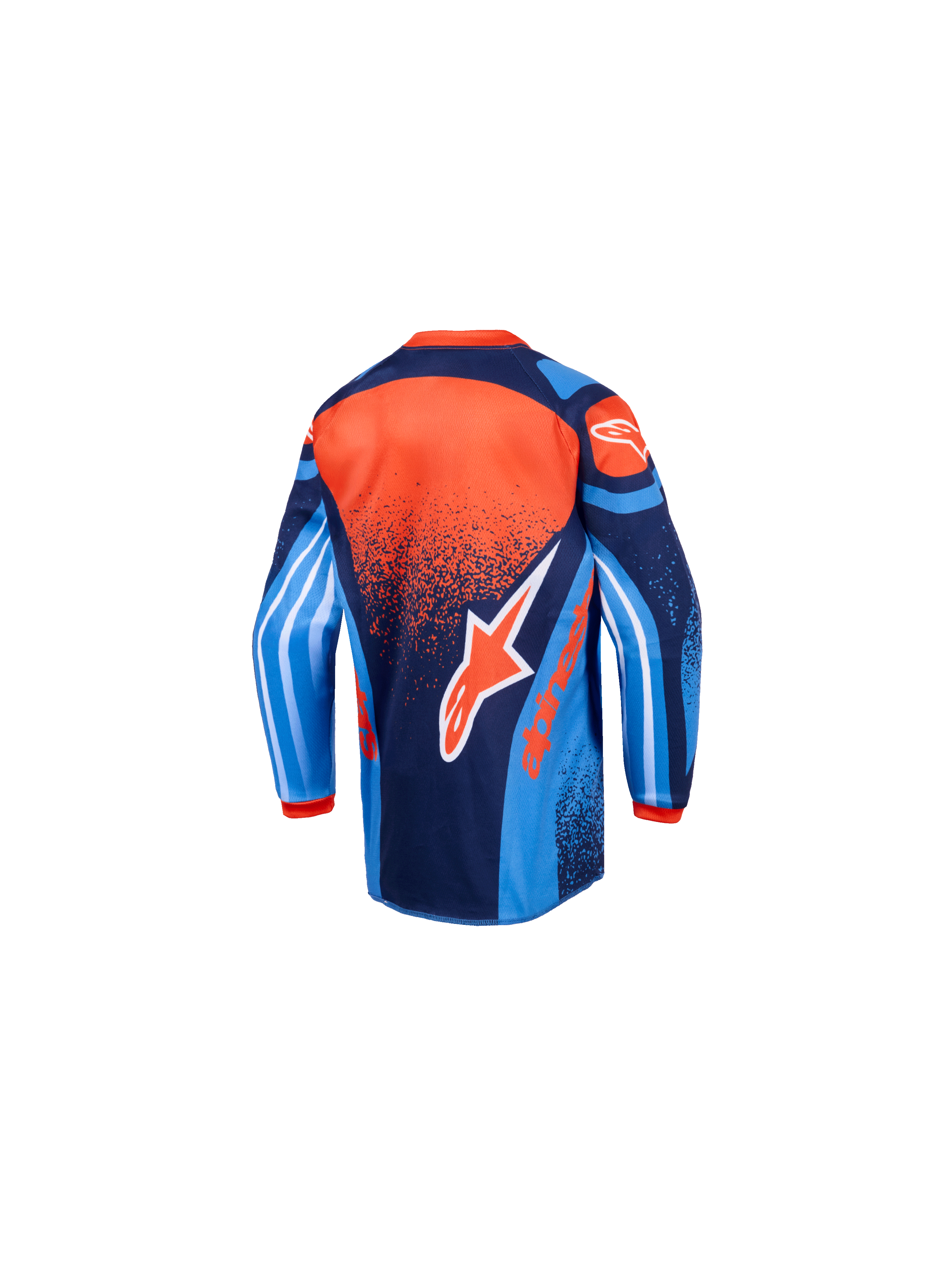 Koszulka dziecięca Alpinestars Racer Nomur 2026, koszulka motocrossowa, ciemnogranatowa, pomarańczowa i błękitna, widok z tyłu, duże logo Alpinestars, przedłużony tył, dynamiczna grafika na rękawach dla młodzieży