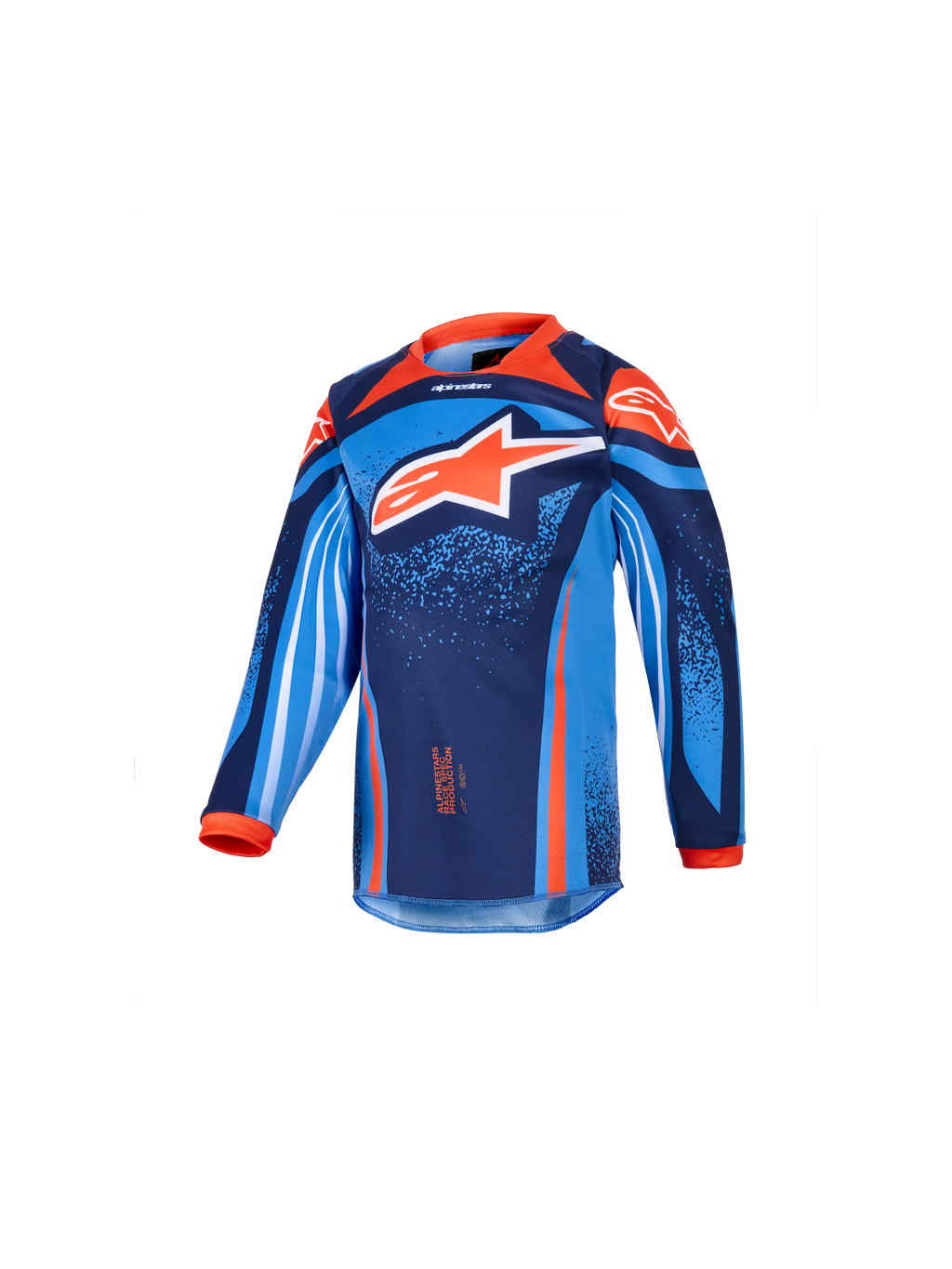Alpinestars Kids Racer Nomur 2026, dziecięca koszulka motocrossowa z długim rękawem, ciemnogranatowa, pomarańczowa i błękitna, duże biało-pomarańczowe logo w kształcie gwiazdy, dynamiczne grafiki geometryczne i nakrapiane, pomarańczowy kołnierzyk i mankiety, materiał techniczny do wyścigów