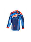 Alpinestars Kids Racer Nomur 2026, dziecięca koszulka motocrossowa z długim rękawem, ciemnogranatowa, pomarańczowa i błękitna, duże biało-pomarańczowe logo w kształcie gwiazdy, dynamiczne grafiki geometryczne i nakrapiane, pomarańczowy kołnierzyk i mankiety, materiał techniczny do wyścigów