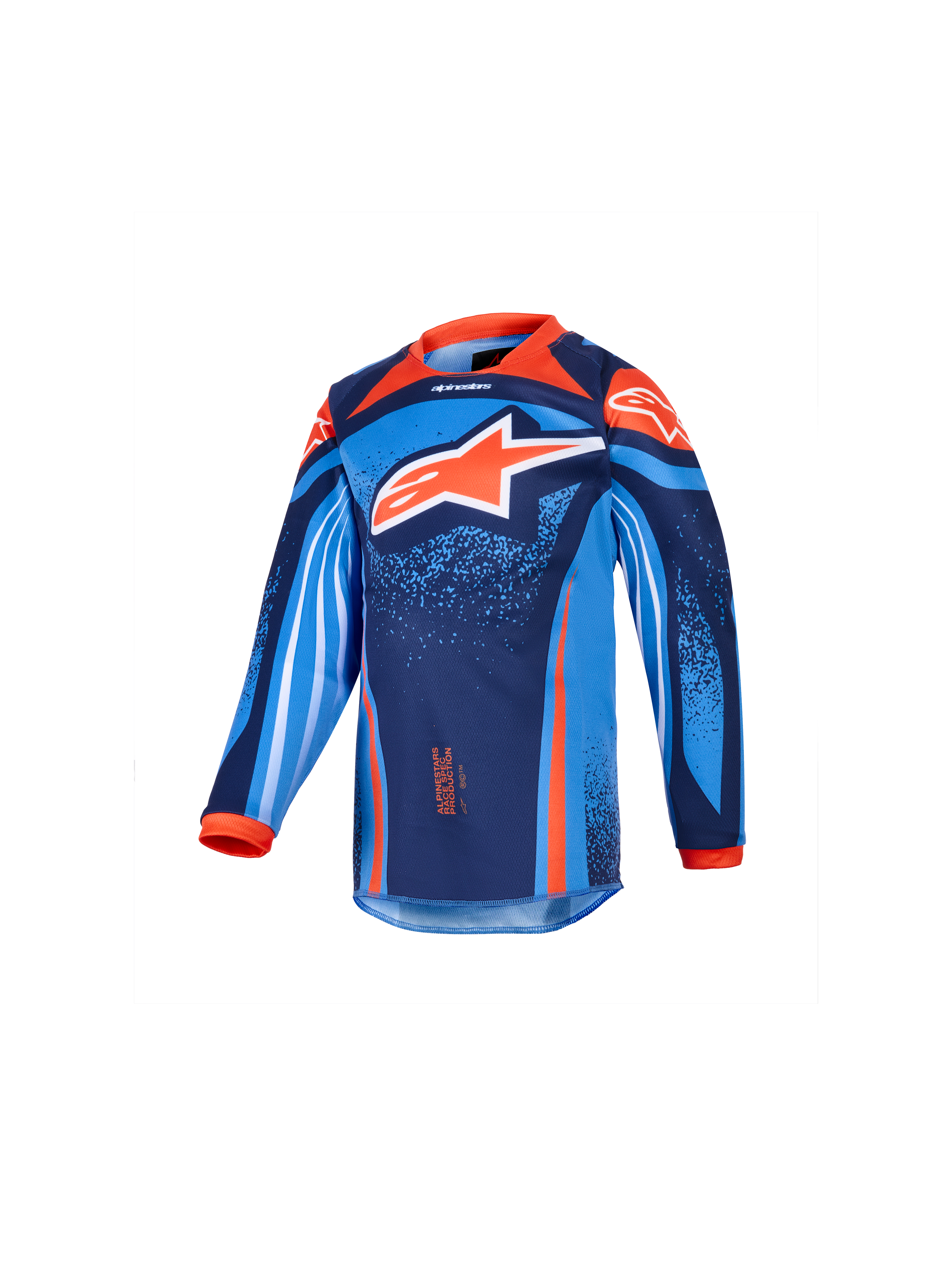 Alpinestars Kids Racer Nomur 2026, dziecięca koszulka motocrossowa z długim rękawem, ciemnogranatowa, pomarańczowa i błękitna, duże biało-pomarańczowe logo w kształcie gwiazdy, dynamiczne grafiki geometryczne i nakrapiane, pomarańczowy kołnierzyk i mankiety, materiał techniczny do wyścigów
