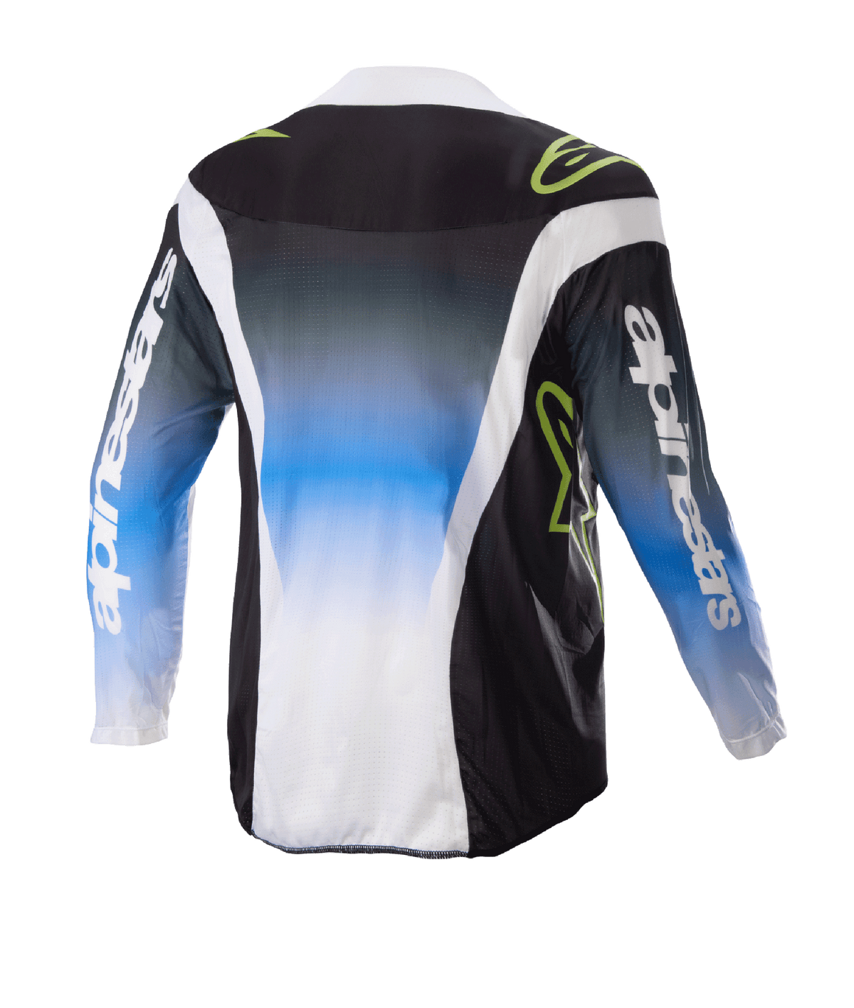 Alpinestars Kids 2023 Racer Push Jersey, koszulka motocrossowa, Nightlife UCLA Blue White and Black, widok z tyłu przedstawiający gradient od niebieskiego do białego na środku, limonkowo-zielone logo i białe boczne akcenty, odzież off-road z długim rękawem