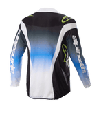 Alpinestars Kids 2023 Racer Push Jersey, koszulka motocrossowa, Nightlife UCLA Blue White and Black, widok z tyłu przedstawiający gradient od niebieskiego do białego na środku, limonkowo-zielone logo i białe boczne akcenty, odzież off-road z długim rękawem