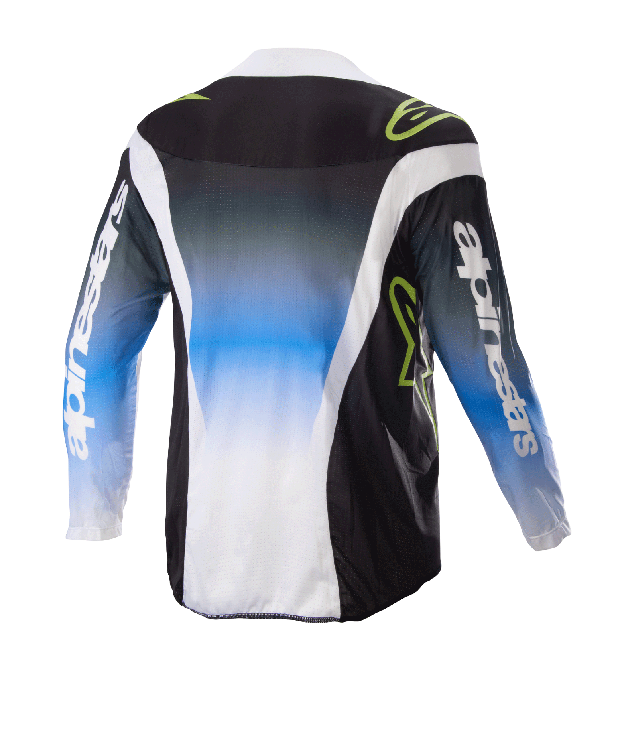Alpinestars Kids 2023 Racer Push Jersey, koszulka motocrossowa, Nightlife UCLA Blue White and Black, widok z tyłu przedstawiający gradient od niebieskiego do białego na środku, limonkowo-zielone logo i białe boczne akcenty, odzież off-road z długim rękawem