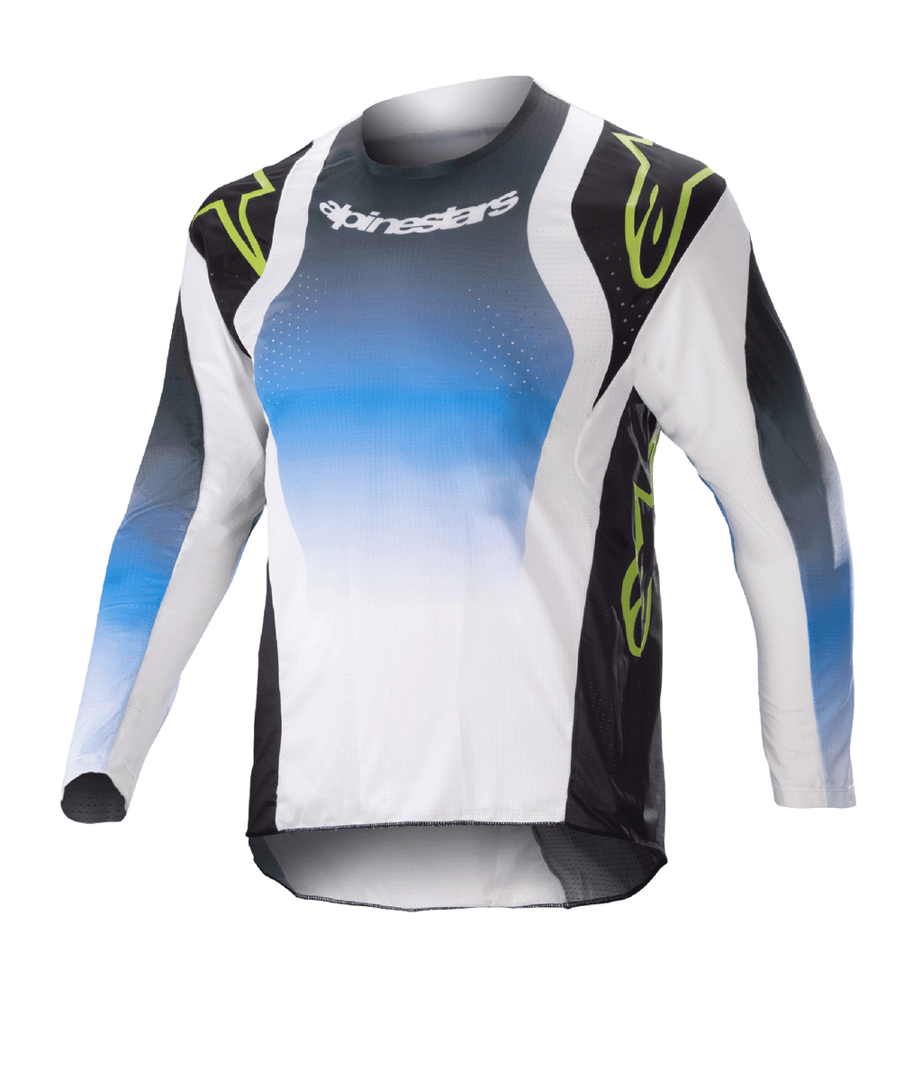 Alpinestars Kids 2023 Racer Push Jersey, młodzieżowa koszulka motocrossowa z długim rękawem, niebiesko-biało-czarna z neonowo-zielonymi akcentami, gradientowy wzór z logo Alpinestars na klatce piersiowej, lekka, oddychająca tkanina do jazdy w terenie