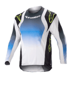 Alpinestars Kids 2023 Racer Push Jersey, młodzieżowa koszulka motocrossowa z długim rękawem, niebiesko-biało-czarna z neonowo-zielonymi akcentami, gradientowy wzór z logo Alpinestars na klatce piersiowej, lekka, oddychająca tkanina do jazdy w terenie