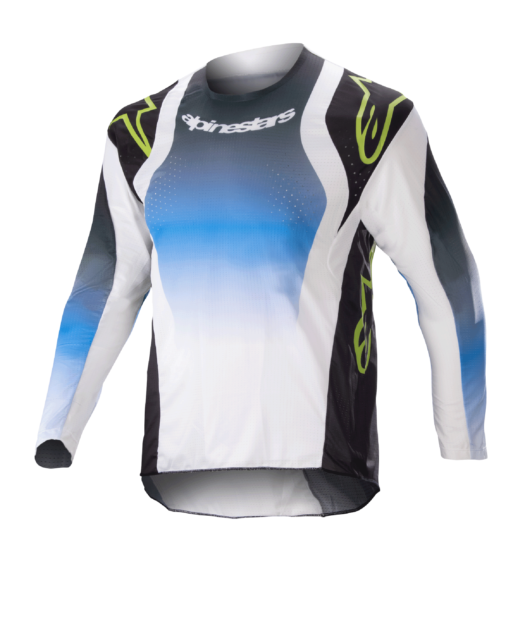 Alpinestars Kids 2023 Racer Push Jersey, młodzieżowa koszulka motocrossowa z długim rękawem, niebiesko-biało-czarna z neonowo-zielonymi akcentami, gradientowy wzór z logo Alpinestars na klatce piersiowej, lekka, oddychająca tkanina do jazdy w terenie