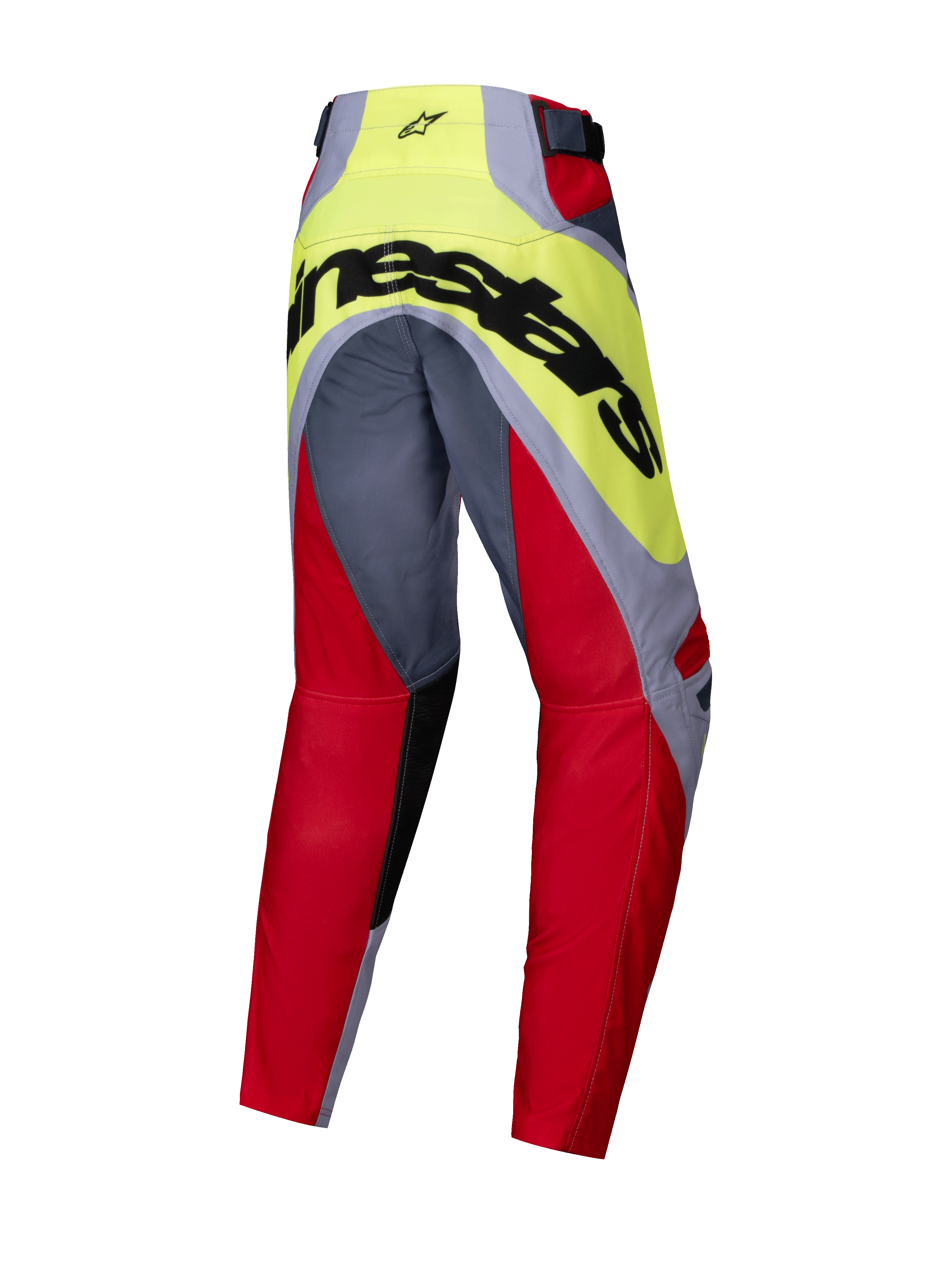 Alpinestars Youth Racer Melt Pants 2025, spodnie motocrossowe młodzieżowe, jaskrawoczerwone i szare z neonowożółtym karczkiem, widok z tyłu przedstawiający duże czarne logo Alpinestars na siedzeniu, ergonomiczna wstępnie zakrzywiona konstrukcja do wyścigów motocrossowych