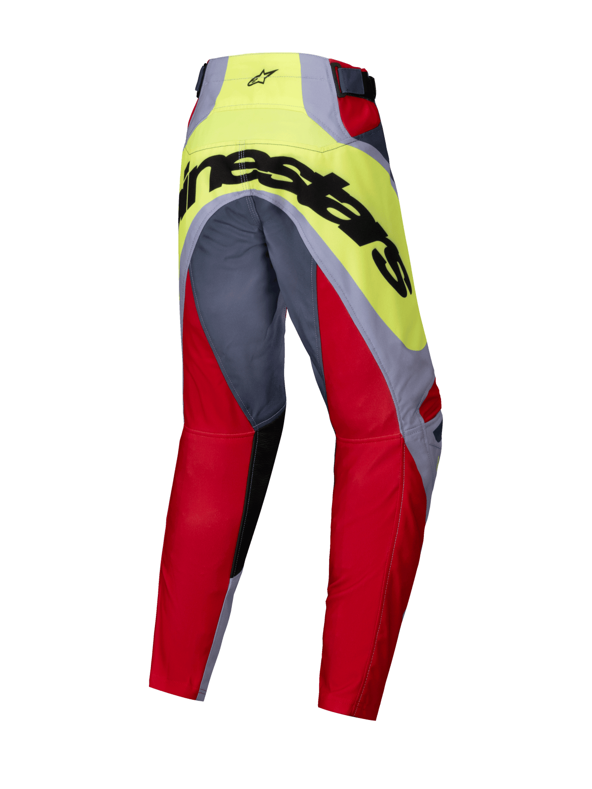 Alpinestars Youth Racer Melt Pants 2025, spodnie motocrossowe młodzieżowe, jaskrawoczerwone i szare z neonowym żółtym, widok z tyłu z dużym czarnym logo Alpinestars na siedzeniu, przedkrzywiony krój dla wydajności w terenie