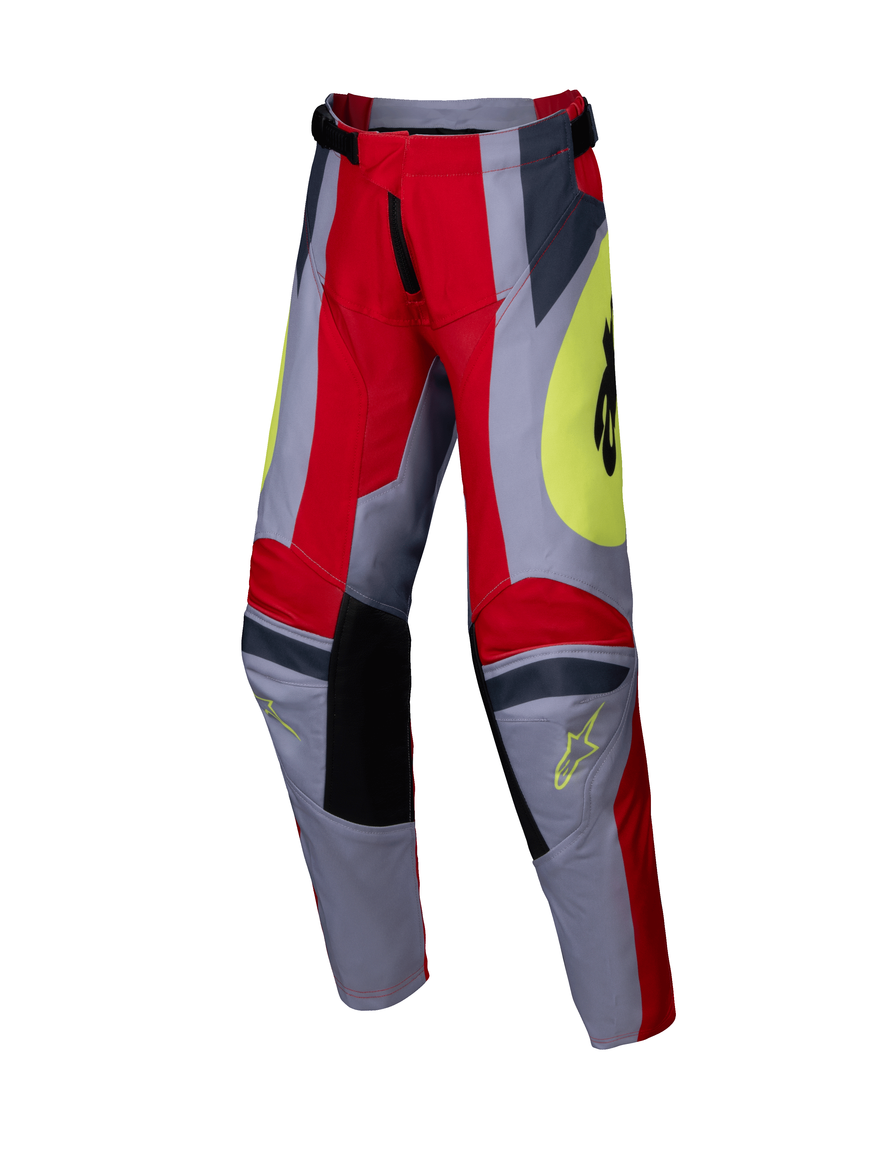 Alpinestars 2025 Youth Racer Melt Pants, młodzieżowe spodnie motocrossowe, jaskrawoczerwone i szare z żółtymi akcentami, czarne wzmocnione panele na kolanach, wyraziste grafiki i logo Astars, wytrzymała konstrukcja do jazdy off-road