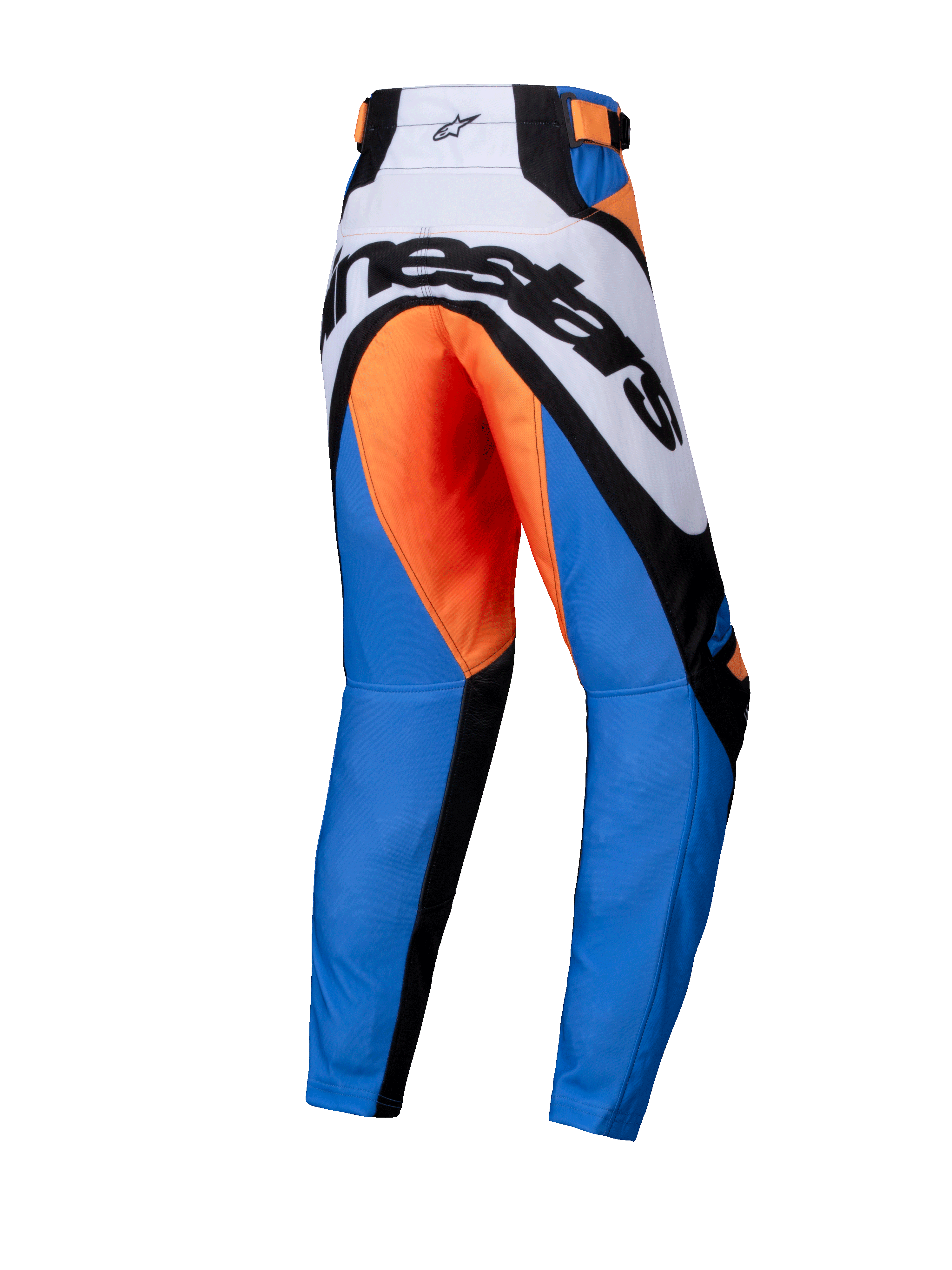 Alpinestars Youth Racer Melt Pants 2025, młodzieżowe spodnie motocrossowe, pomarańczowo-niebieskie, widok z tyłu z wyraźnym czarnym brandingiem Alpinestars na białym karczku, pomarańczową częścią siedziska, niebieskimi nogawkami i czarnymi wzmocnionymi panelami, ergonomiczna konstrukcja do wyścigów terenowych