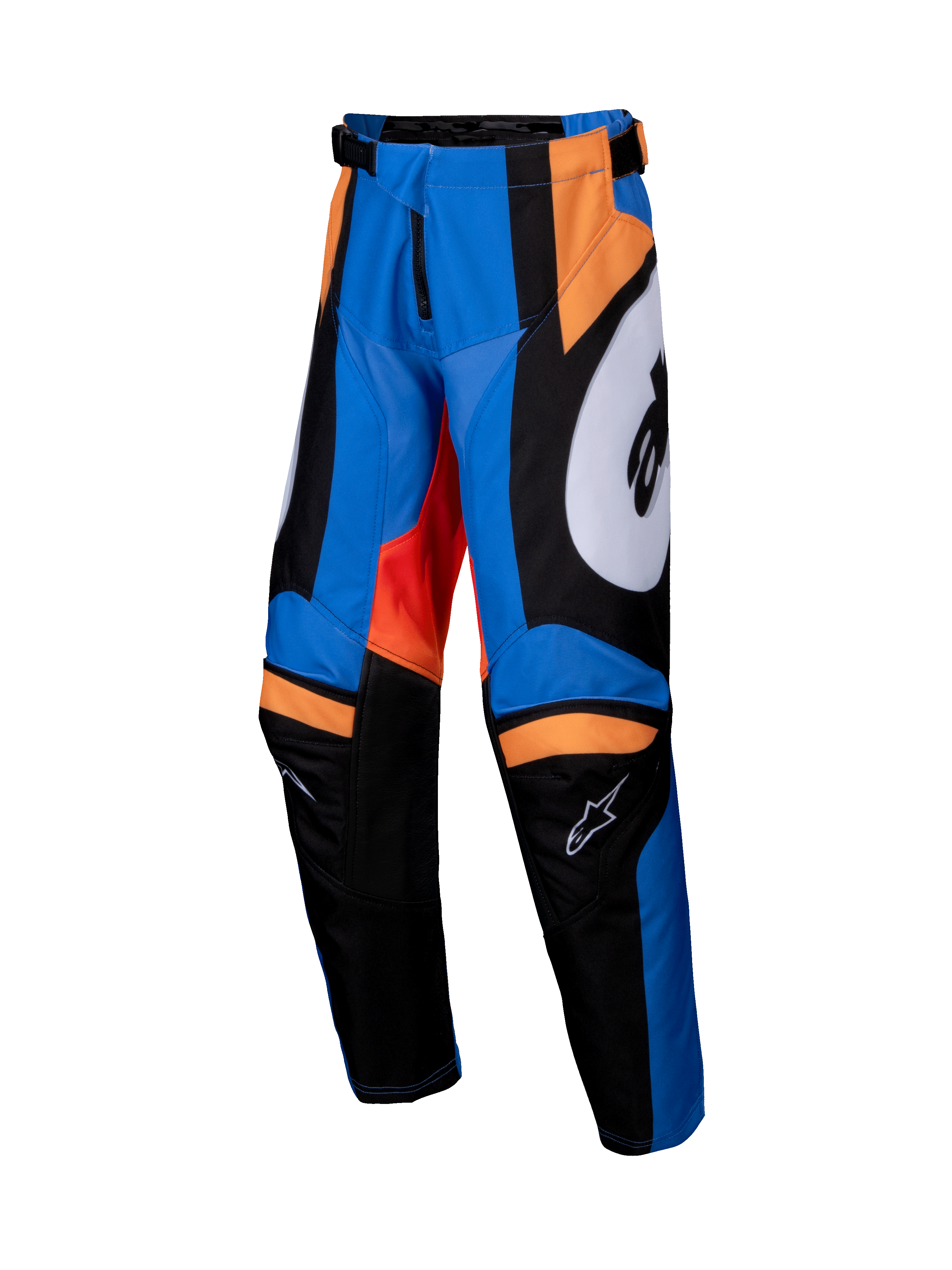 Alpinestars Youth Racer Melt Pants 2025, spodnie motocrossowe młodzieżowe, pomarańczowe i niebieskie z czarnymi i białymi akcentami, wyraziste panele graficzne, wstępnie zakrzywiona konstrukcja nogawek, wzmocnione wewnętrzne części kolan, regulowany pas z zapięciem na zapadkę