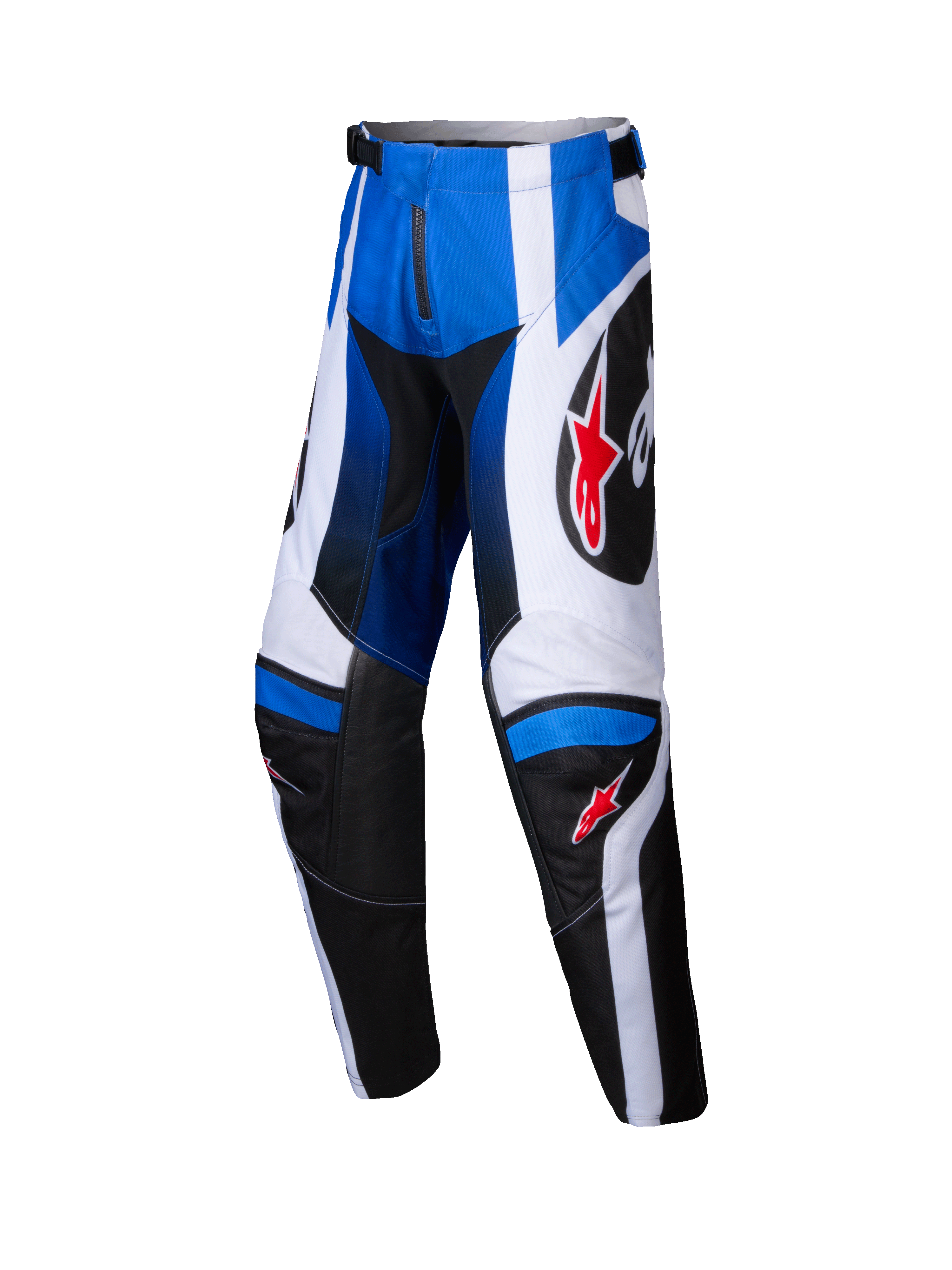 Alpinestars Youth Racer Wurx Pants 2025, spodnie motocrossowe młodzieżowe, niebieskie, czarne i białe, czerwone logo w kształcie gwiazd, młodzieżowa odzież wyścigowa off-road