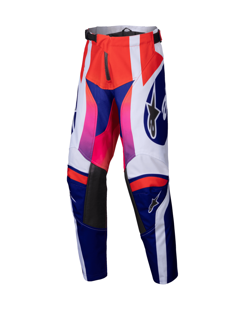 Alpinestars Youth Racer Wurx Pants 2025, młodzieżowe spodnie motocrossowe, czerwone, niebieskie, różowe i białe, odważny geometryczny wzór z gradientami od różu do czerwieni, czarne skórzane panele na kolanach, regulowany pas, wytrzymała konstrukcja tekstylna.