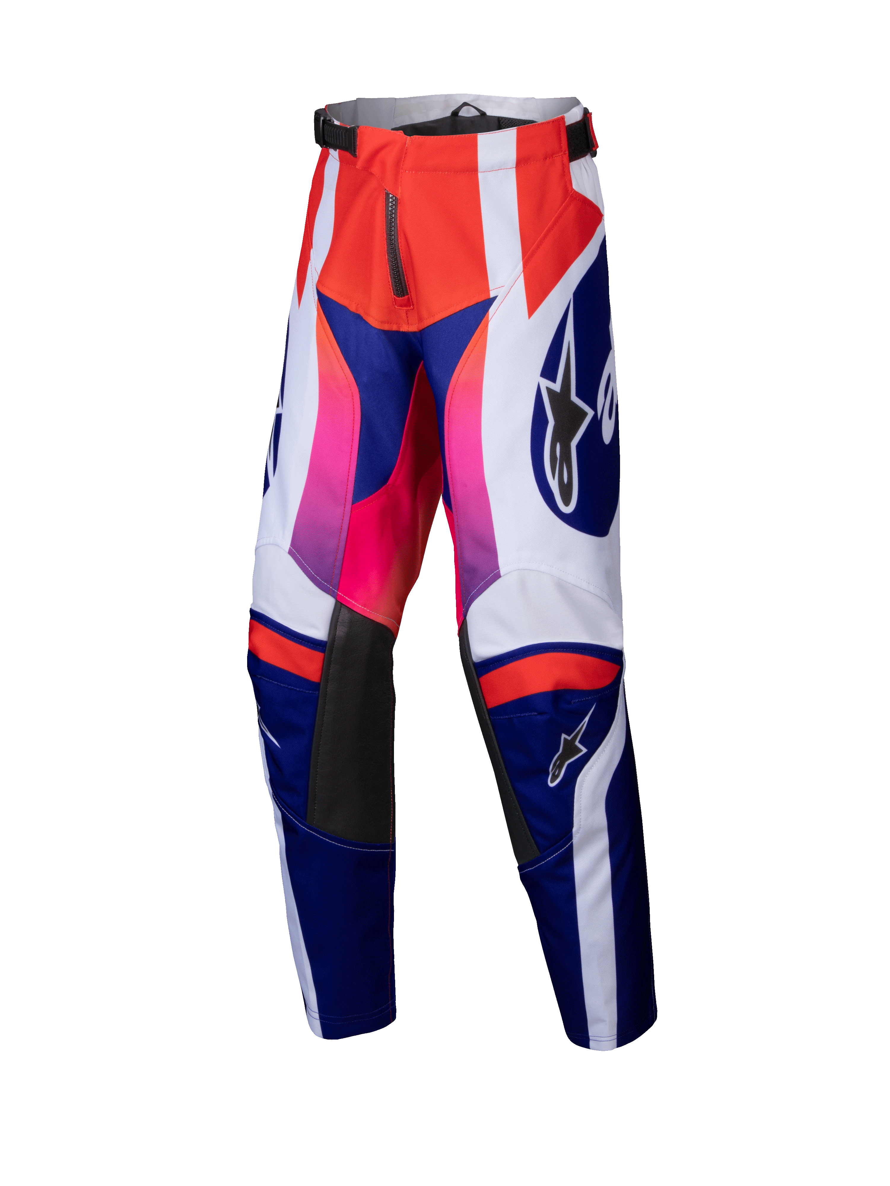Alpinestars Youth Racer Wurx Pants 2025, młodzieżowe spodnie motocrossowe, czerwone, niebieskie, różowe i białe, odważny geometryczny wzór z gradientami od różu do czerwieni, czarne skórzane panele na kolanach, regulowany pas, wytrzymała konstrukcja tekstylna.