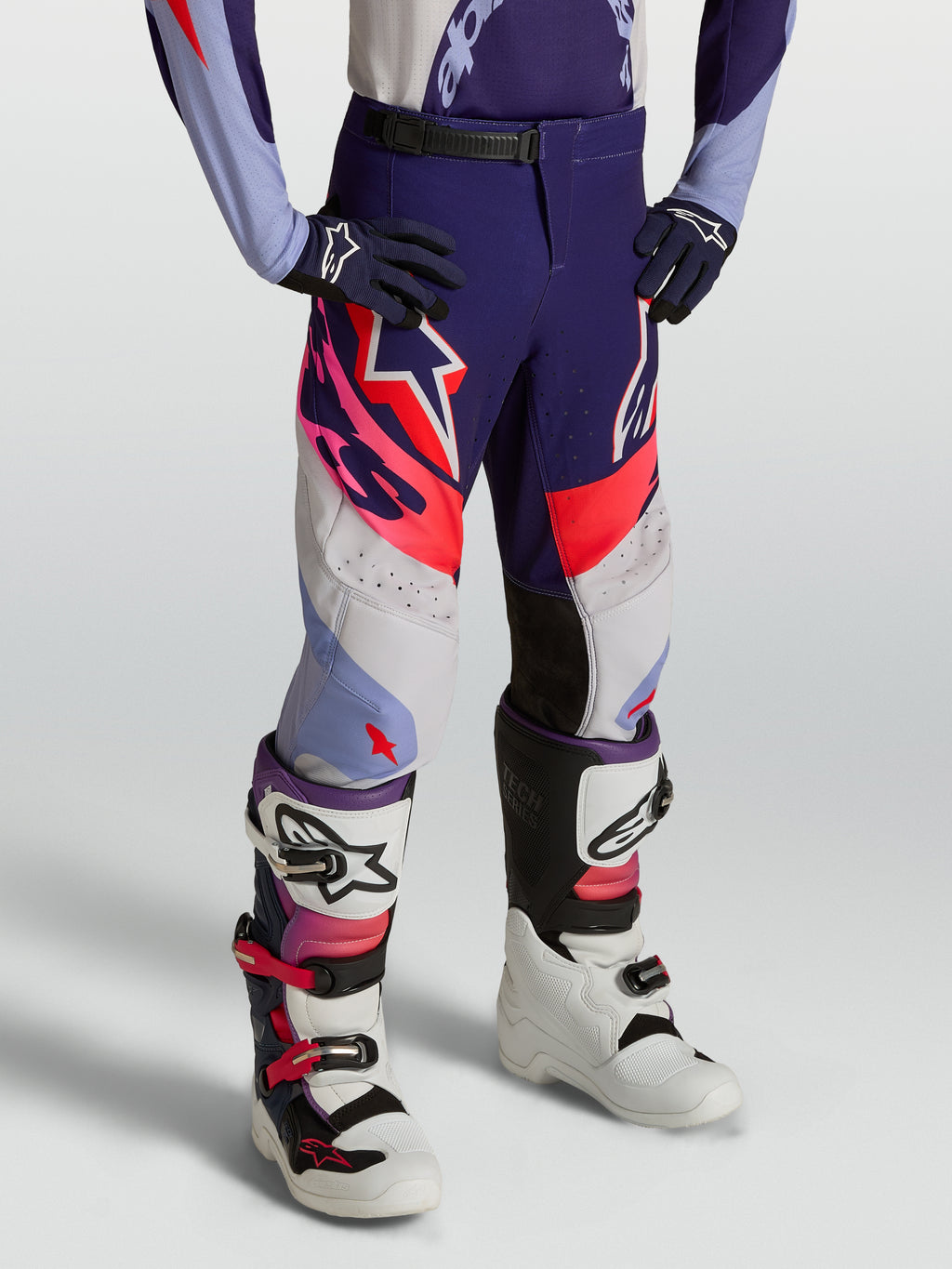 Alpinestars Spodnie Supertech Dyna Młodzieżowe, fioletowe i różowe fluo spodnie motocrossowe, elastyczny rip-stop.