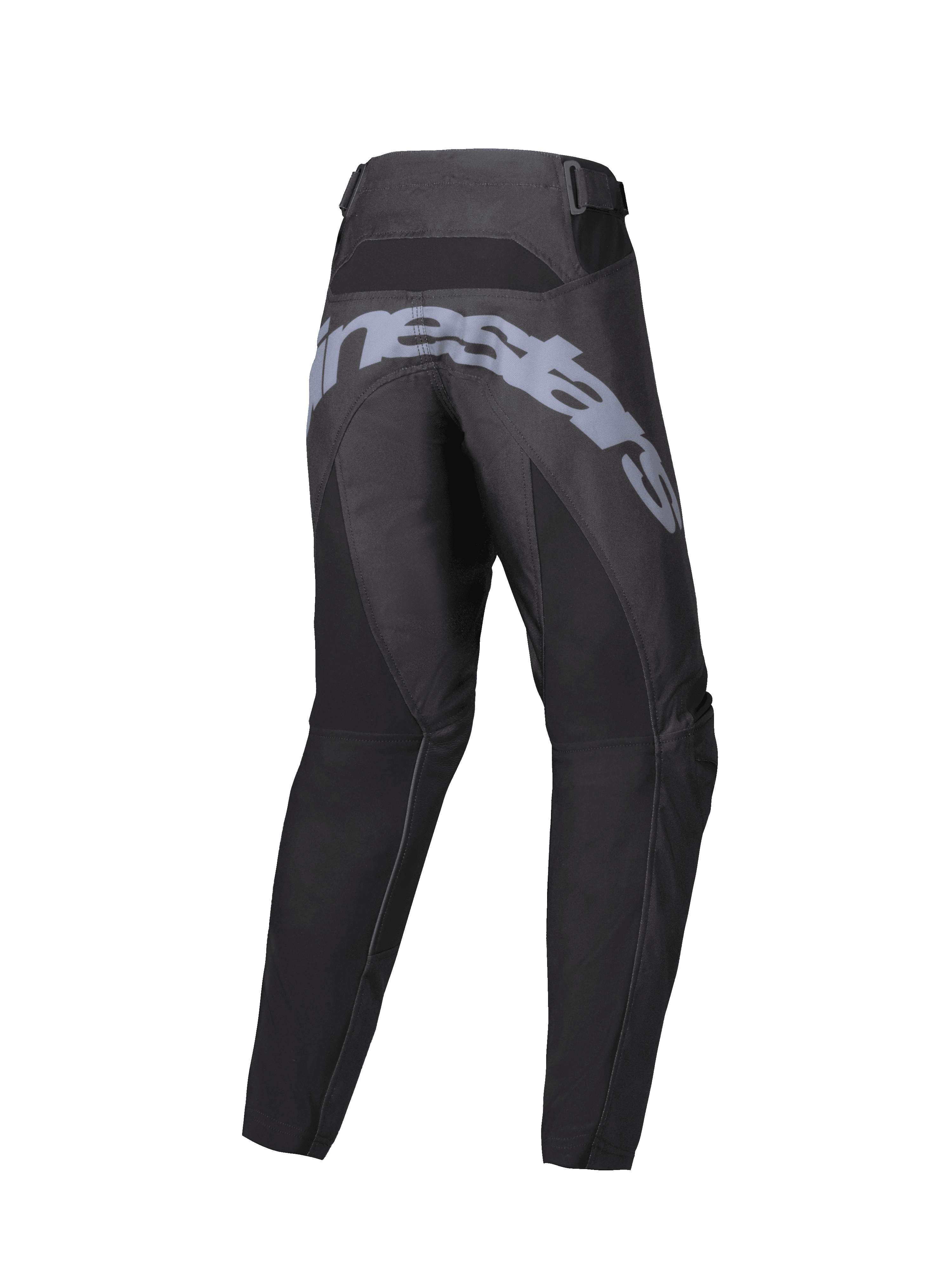 Alpinestars Youth Racer Graphite Pants 2025, spodnie motocrossowe, czarno-szare, widok z tyłu z dużym szarym napisem na siedzeniu, ergonomiczna wstępnie zakrzywiona konstrukcja i regulowane paski w talii do jazdy terenowej