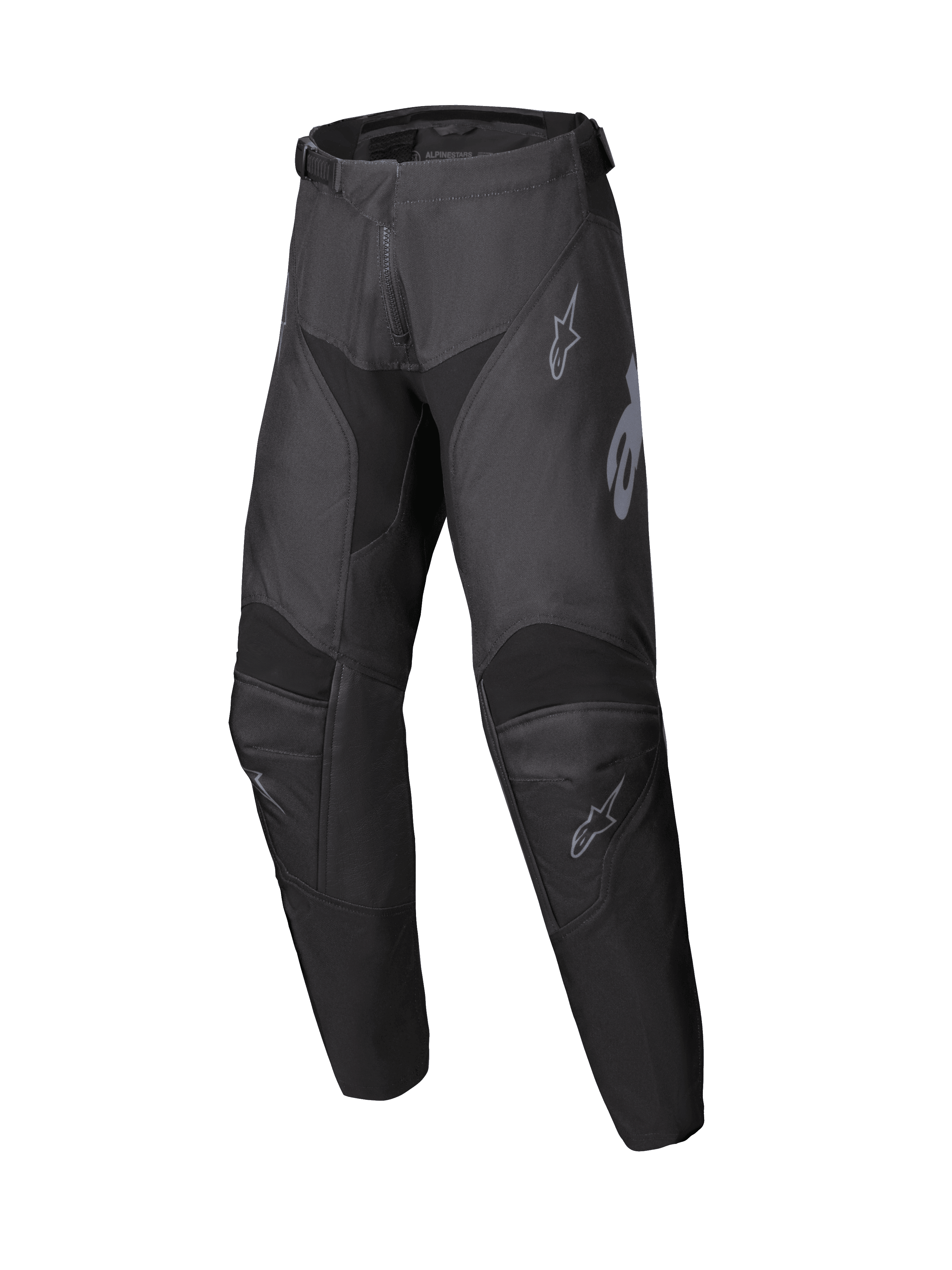 Alpinestars Youth Racer Graphite Pants 2025, młodzieżowe spodnie motocrossowe, czarne i szare, wzmocnione obszary kolan, subtelne szare logo, trwała ergonomiczna konstrukcja