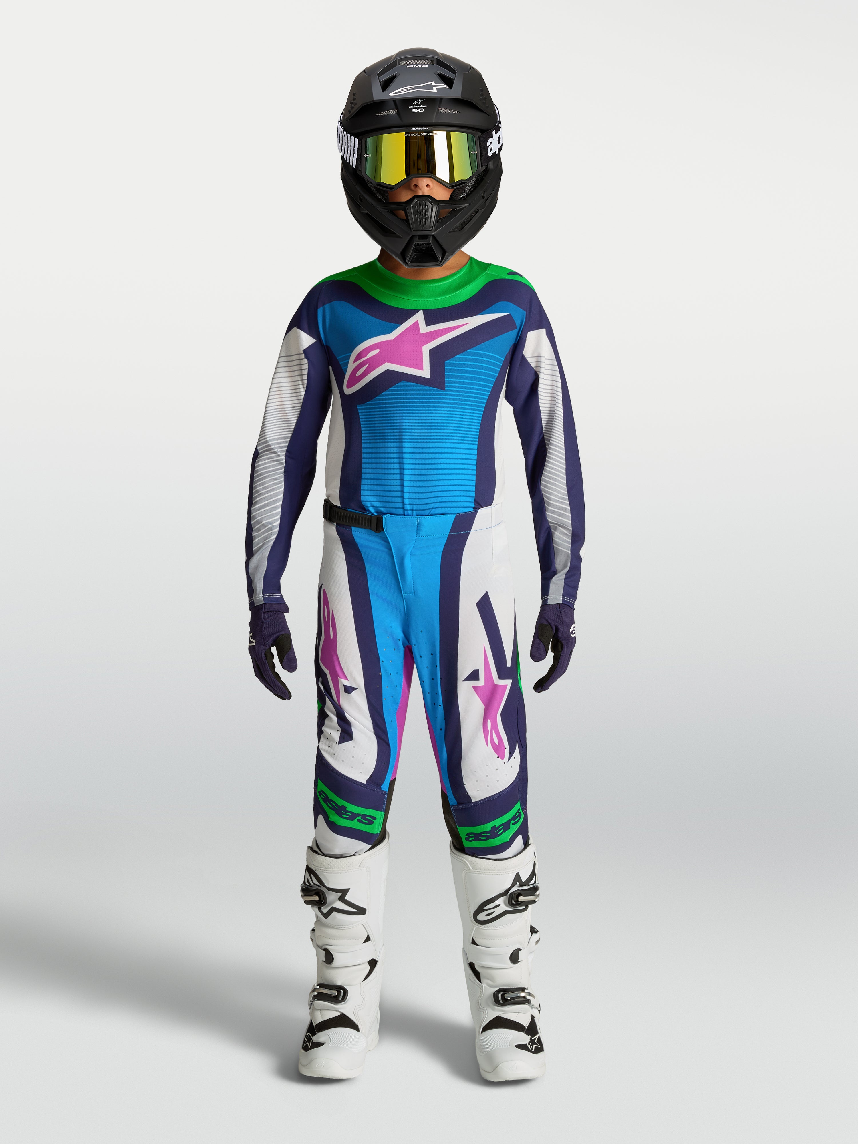 Alpinestars Youth Supertech Maven, młodzieżowe spodnie i koszulka motocrossowa, niebieski i biały z jaskrawozielonymi elementami, sportowe dopasowanie do wyścigów off-road