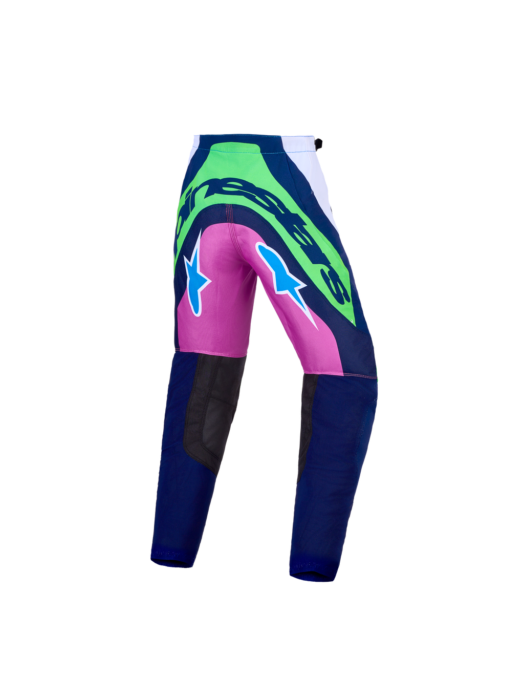 Spodnie Alpinestars Youth Supertech Maven, niebieskie i zielone wyścigowe spodnie motocrossowe z trwałej tkaniny rip-stop.
