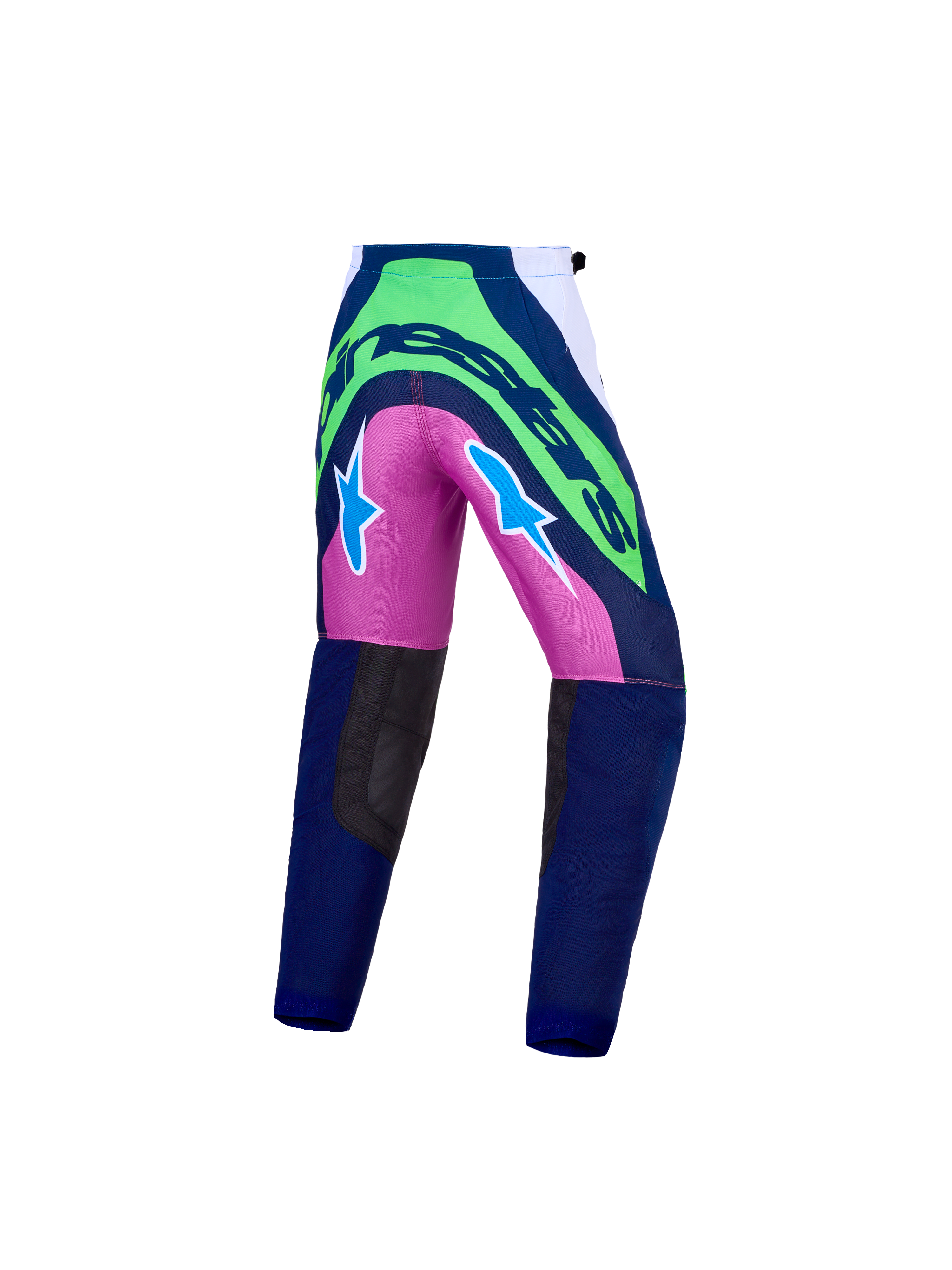 Spodnie Alpinestars Youth Supertech Maven, niebieskie i zielone wyścigowe spodnie motocrossowe z trwałej tkaniny rip-stop.