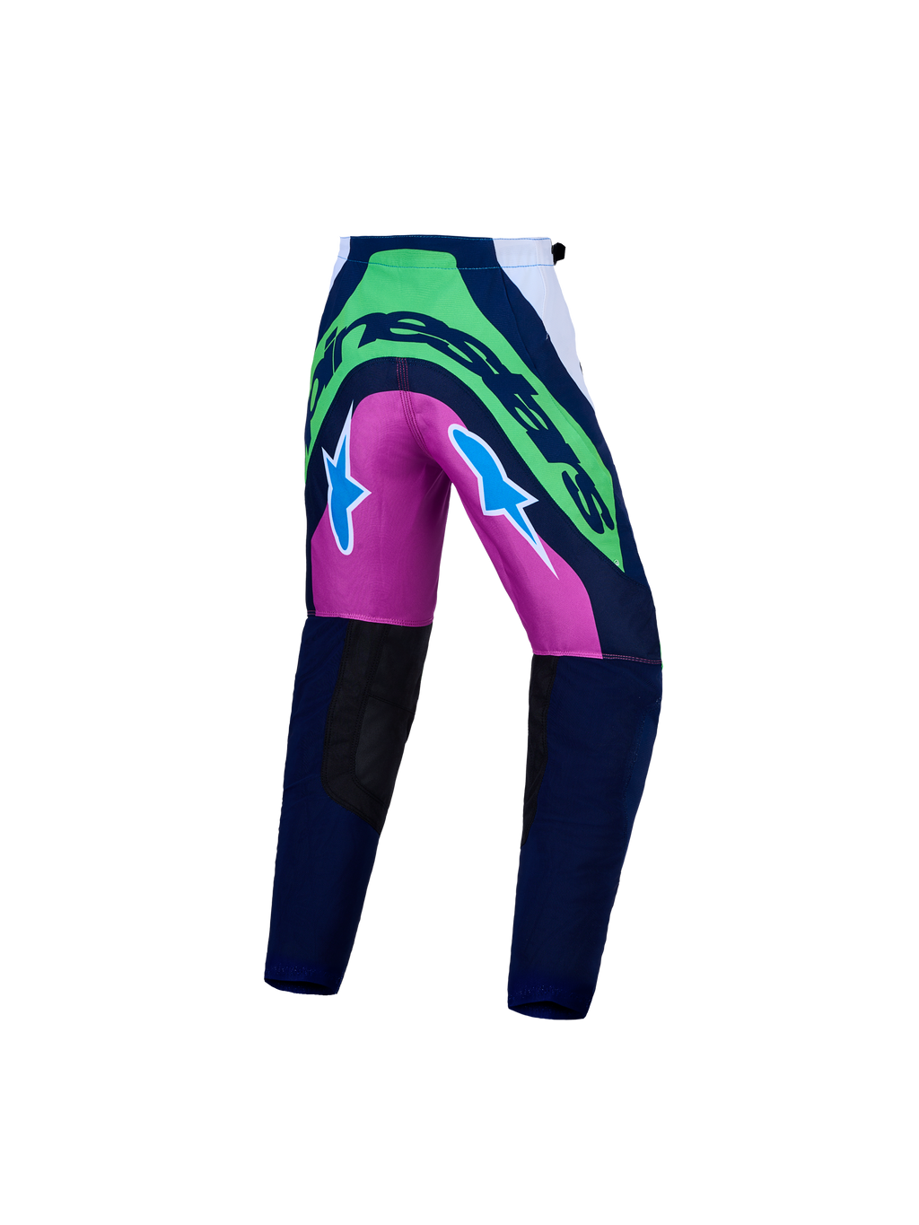 Alpinestars Spodnie Supertech Maven Młodzieżowe, spodnie motocrossowe, niebieskie i zielone fluo z fioletowymi akcentami, widok z tyłu z dużym logo, trwały i elastyczny materiał stretch.