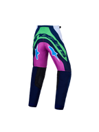 Alpinestars Spodnie Supertech Maven Młodzieżowe, spodnie motocrossowe, niebieskie i zielone fluo z fioletowymi akcentami, widok z tyłu z dużym logo, trwały i elastyczny materiał stretch.