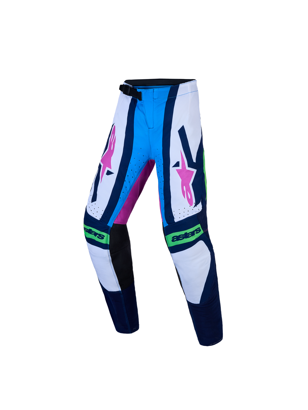 Alpinestars spodnie Supertech Maven młodzieżowe, niebieskie i białe spodnie motocrossowe z różowymi akcentami i klamrą.