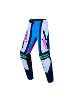 Alpinestars spodnie Supertech Maven młodzieżowe, niebieskie i białe spodnie motocrossowe z różowymi akcentami i klamrą.
