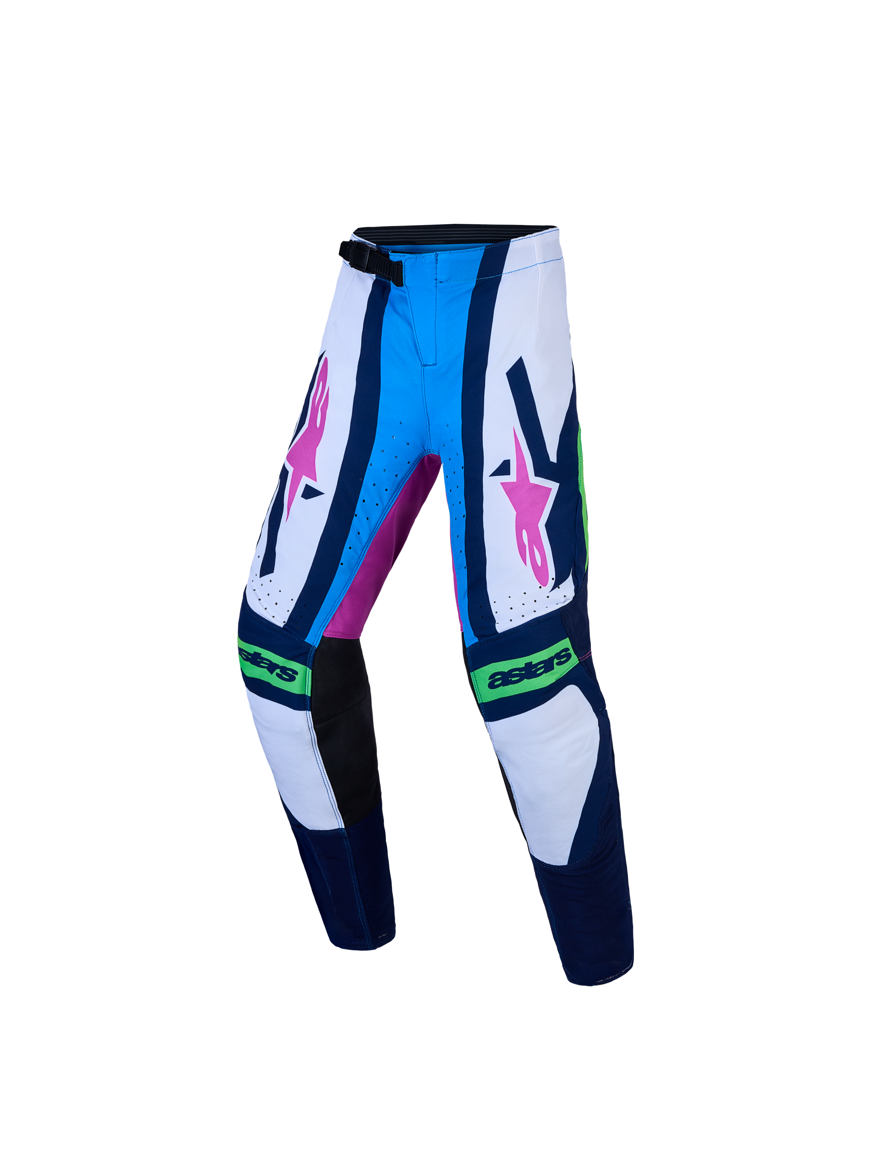 Alpinestars spodnie Supertech Maven młodzieżowe, niebieskie i białe spodnie motocrossowe z różowymi akcentami i klamrą.