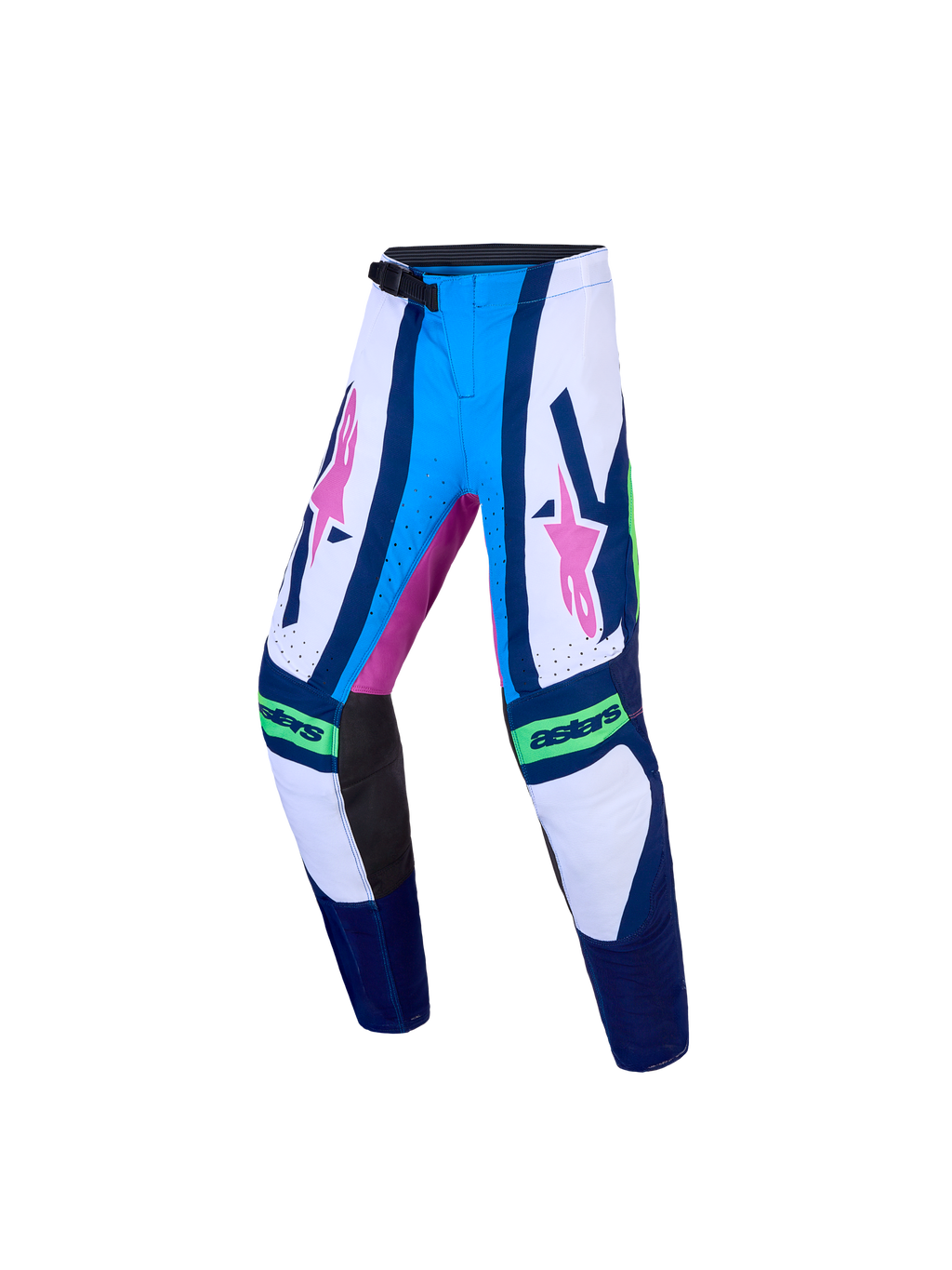 Alpinestars Youth Supertech Maven, niebiesko-białe młodzieżowe spodnie motocrossowe, różowa grafika, sportowy krój stretch.