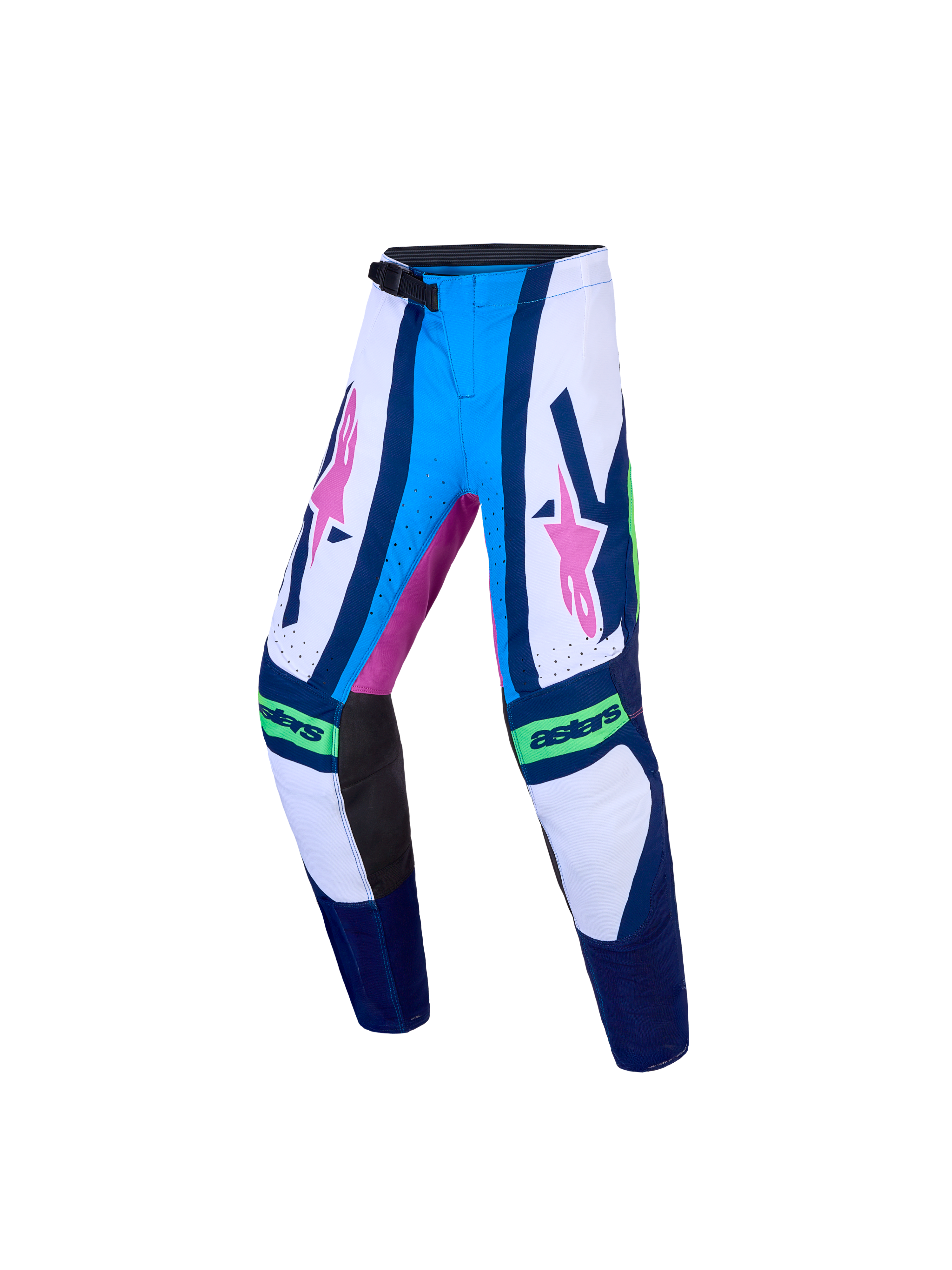Alpinestars Youth Supertech Maven, niebiesko-białe młodzieżowe spodnie motocrossowe, różowa grafika, sportowy krój stretch.