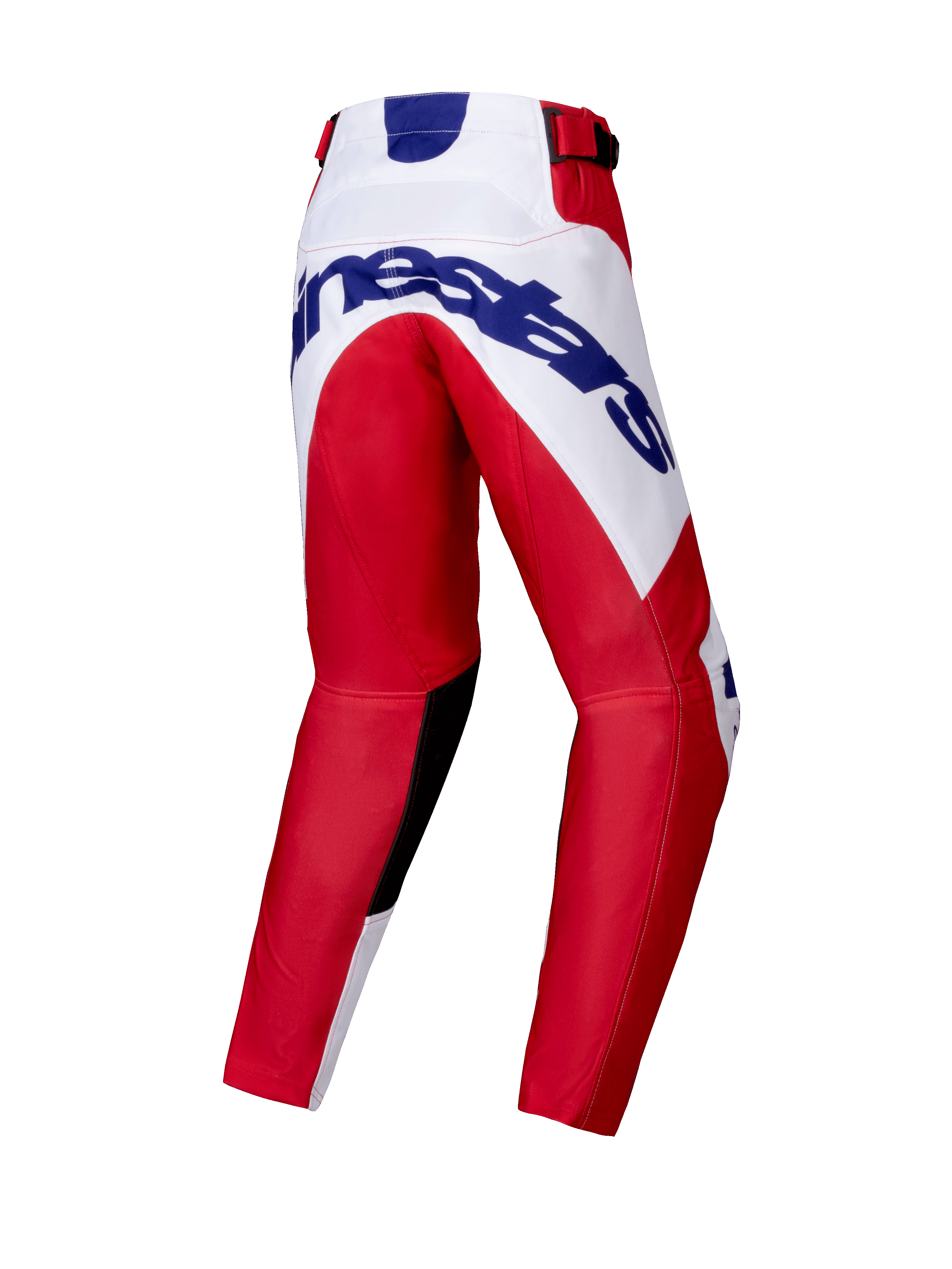 Alpinestars Youth Racer Veil Pants 2025, spodnie motocrossowe młodzieżowe, jaskrawoczerwone i białe, widok z tyłu z dużym niebieskim logo Alpinestars na siedzeniu, wstępnie zakrzywiona konstrukcja nogawek, czarne wewnętrzne panele na kolanach, zapięcie zapadkowe w pasie.