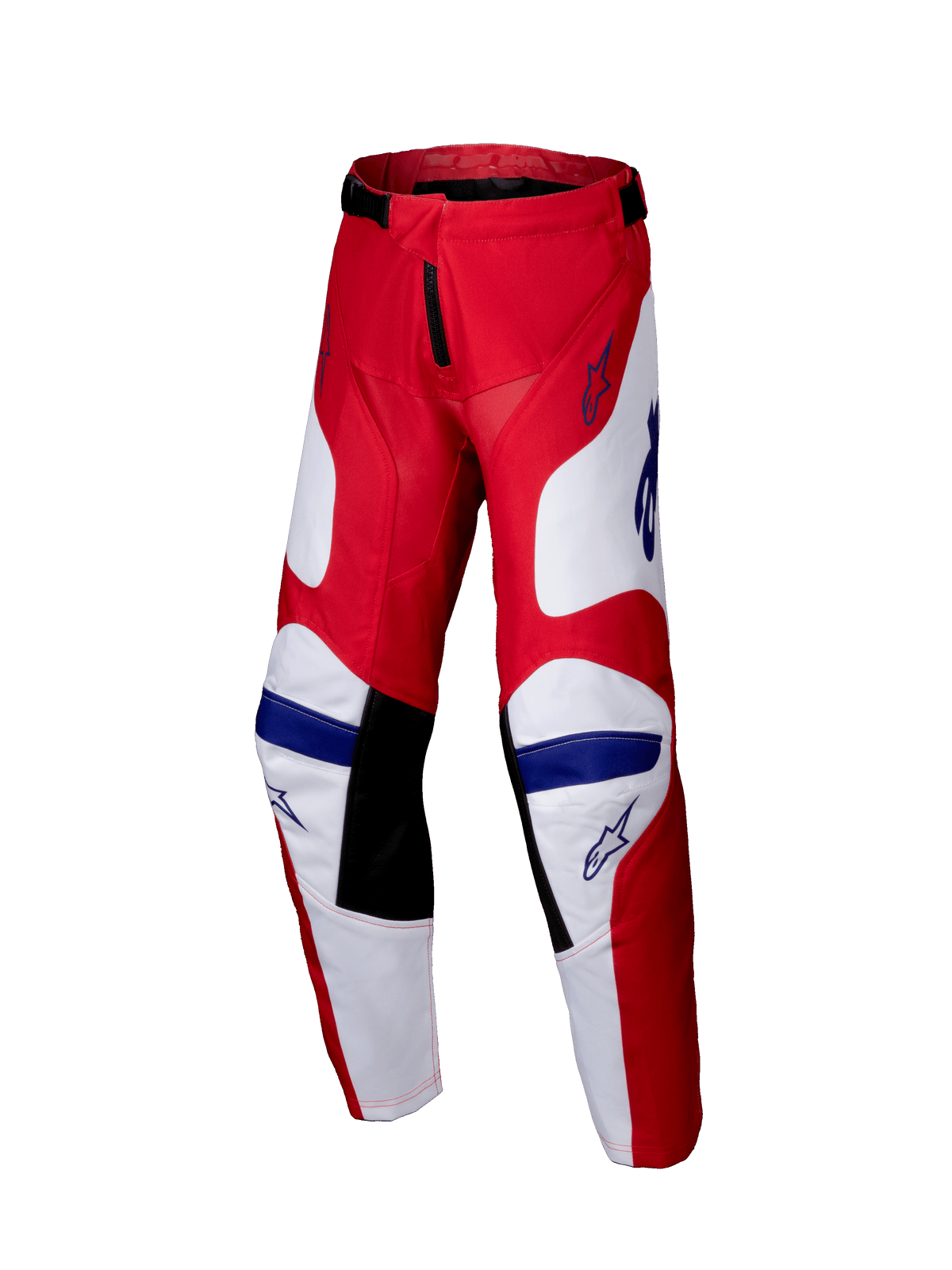 Alpinestars Youth Racer Veil Pants 2025, spodnie motocrossowe młodzieżowe, jaskrawoczerwone i białe z niebieskimi akcentami, czarne panele na wewnętrznej stronie kolan, ergonomiczna wstępnie zakrzywiona konstrukcja i wytrzymały polimateriał do wyścigów terenowych.