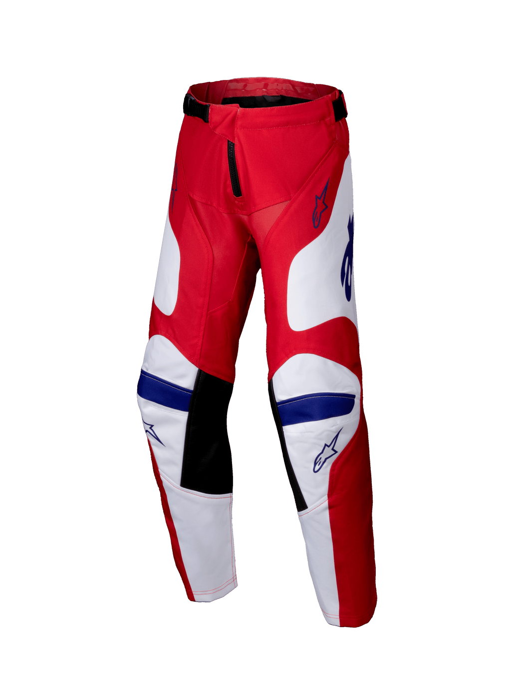 Alpinestars Youth Racer Veil Pants 2025, spodnie motocrossowe młodzieżowe, jaskrawoczerwone i białe z niebieskimi akcentami, czarne panele na wewnętrznej stronie kolan, ergonomiczna wstępnie zakrzywiona konstrukcja i wytrzymały polimateriał do wyścigów terenowych.