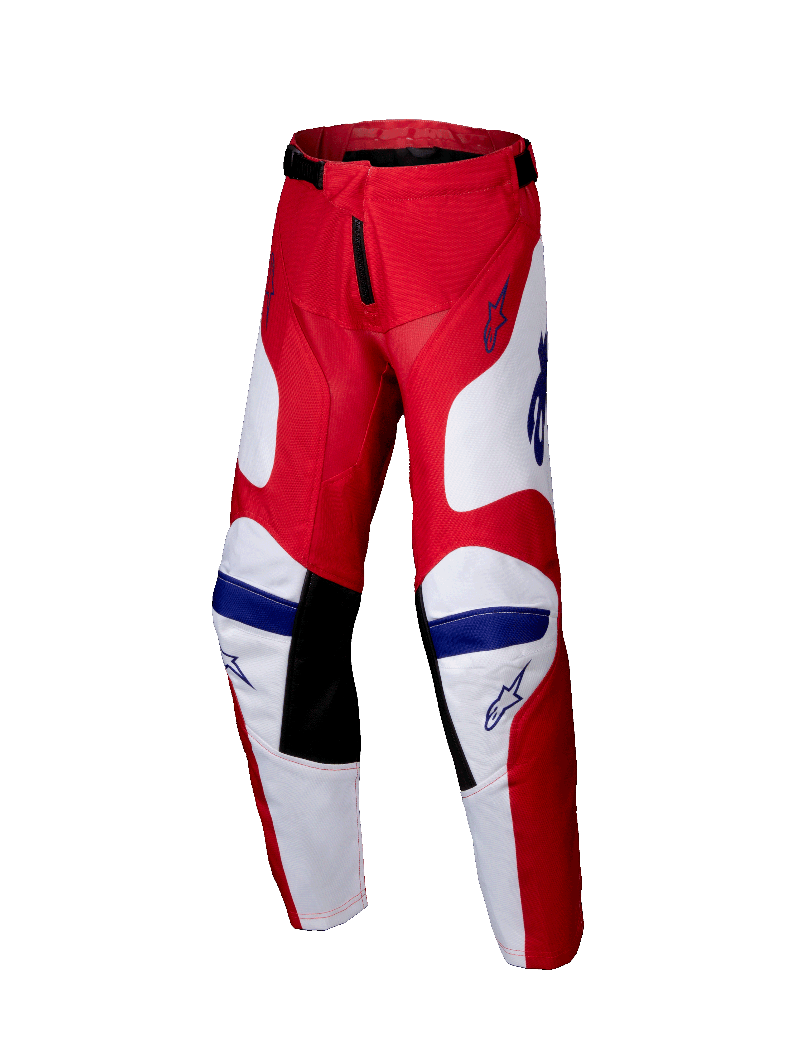 Alpinestars Youth Racer Veil Pants 2025, spodnie motocrossowe młodzieżowe, jaskrawoczerwone i białe z niebieskimi akcentami, czarne panele na wewnętrznej stronie kolan, ergonomiczna wstępnie zakrzywiona konstrukcja i wytrzymały polimateriał do wyścigów terenowych.