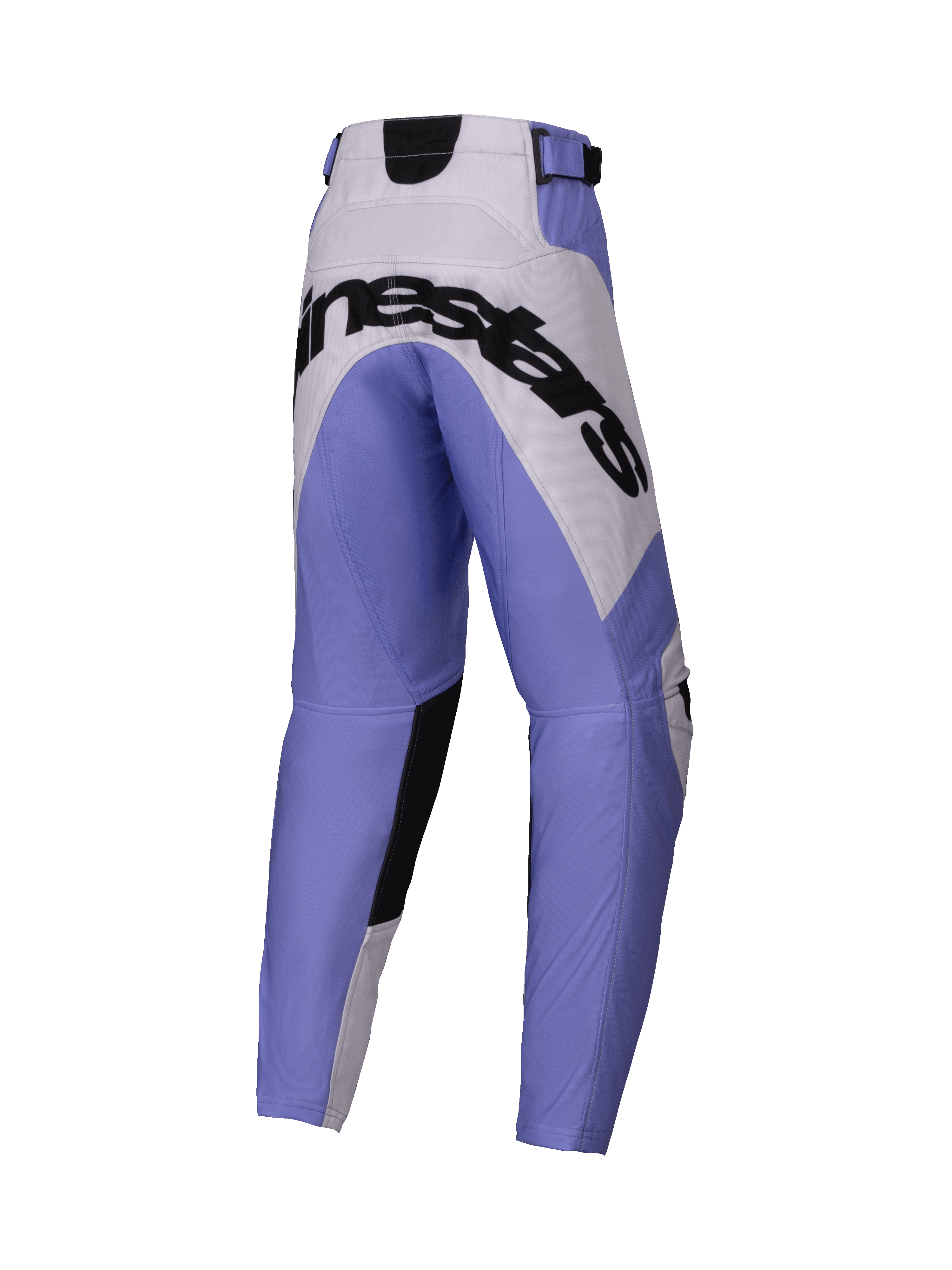 Alpinestars Youth Racer Veil Pants 2025, spodnie motocrossowe młodzieżowe, fioletowe z białymi i czarnymi sekcjami, duże czarne logo Alpinestars na siedzeniu, sportowy design, wzmocnione panele, wytrzymały materiał do jazdy terenowej
