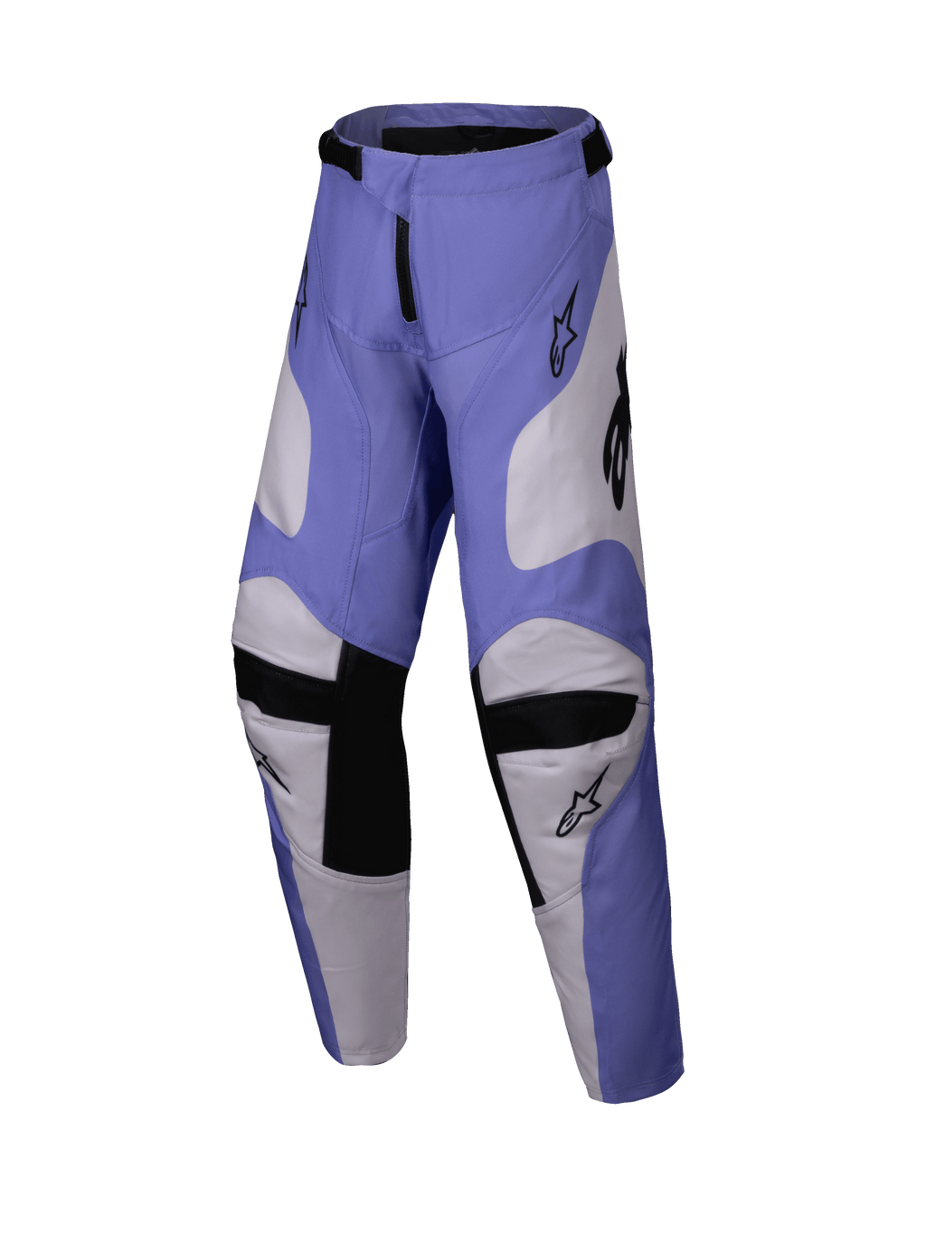 Alpinestars 2025 Youth Racer Veil Pants, spodnie motocrossowe, fioletowe i białe z czarnymi elementami, z panelami z koziej skóry po wewnętrznej stronie kolan i ergonomiczną, wstępnie zakrzywioną konstrukcją, wytrzymała odzież do jazdy terenowej dla młodzieży