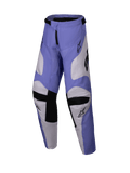 Alpinestars 2025 Youth Racer Veil Pants, spodnie motocrossowe, fioletowe i białe z czarnymi elementami, z panelami z koziej skóry po wewnętrznej stronie kolan i ergonomiczną, wstępnie zakrzywioną konstrukcją, wytrzymała odzież do jazdy terenowej dla młodzieży