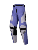 Alpinestars 2025 Youth Racer Veil Pants, spodnie motocrossowe, fioletowe i białe z czarnymi elementami, z panelami z koziej skóry po wewnętrznej stronie kolan i ergonomiczną, wstępnie zakrzywioną konstrukcją, wytrzymała odzież do jazdy terenowej dla młodzieży