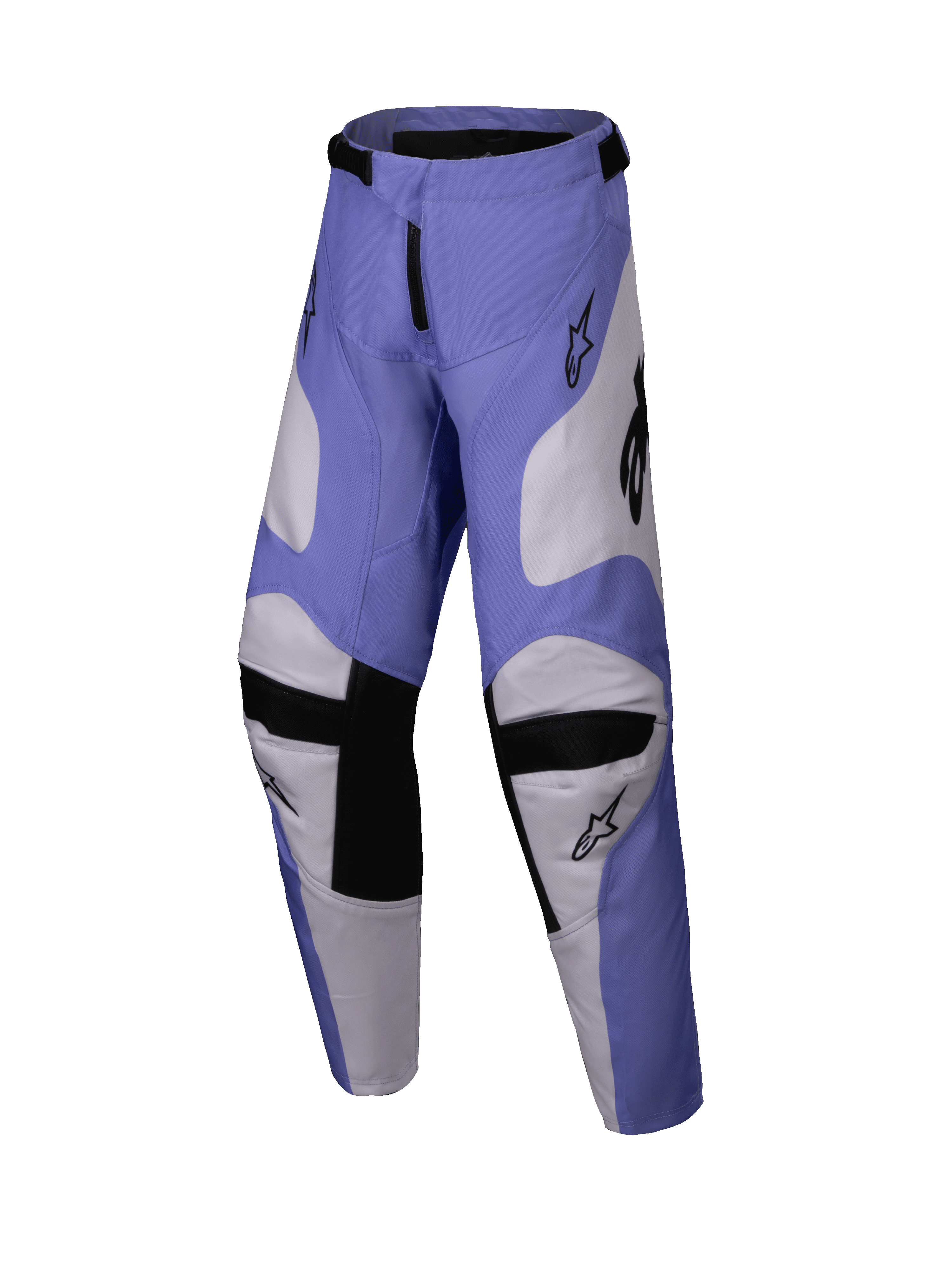 Alpinestars 2025 Youth Racer Veil Pants, spodnie motocrossowe, fioletowe i białe z czarnymi elementami, z panelami z koziej skóry po wewnętrznej stronie kolan i ergonomiczną, wstępnie zakrzywioną konstrukcją, wytrzymała odzież do jazdy terenowej dla młodzieży
