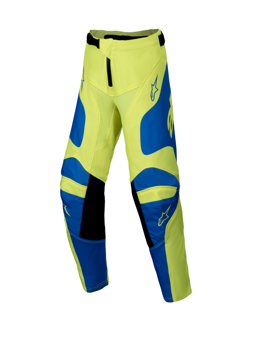 Alpinestars 2025 Youth Racer Veil Pants, spodnie motocrossowe, żółte fluo i niebieskie z czarnymi detalami, młodzieżowa odzież motocyklowa, z logo gwiazdy na udach i kolanach, ergonomiczna, wstępnie zakrzywiona konstrukcja do jazdy terenowej