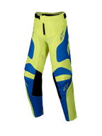 Alpinestars 2025 Youth Racer Veil Pants, spodnie motocrossowe, żółte fluo i niebieskie z czarnymi detalami, młodzieżowa odzież motocyklowa, z logo gwiazdy na udach i kolanach, ergonomiczna, wstępnie zakrzywiona konstrukcja do jazdy terenowej
