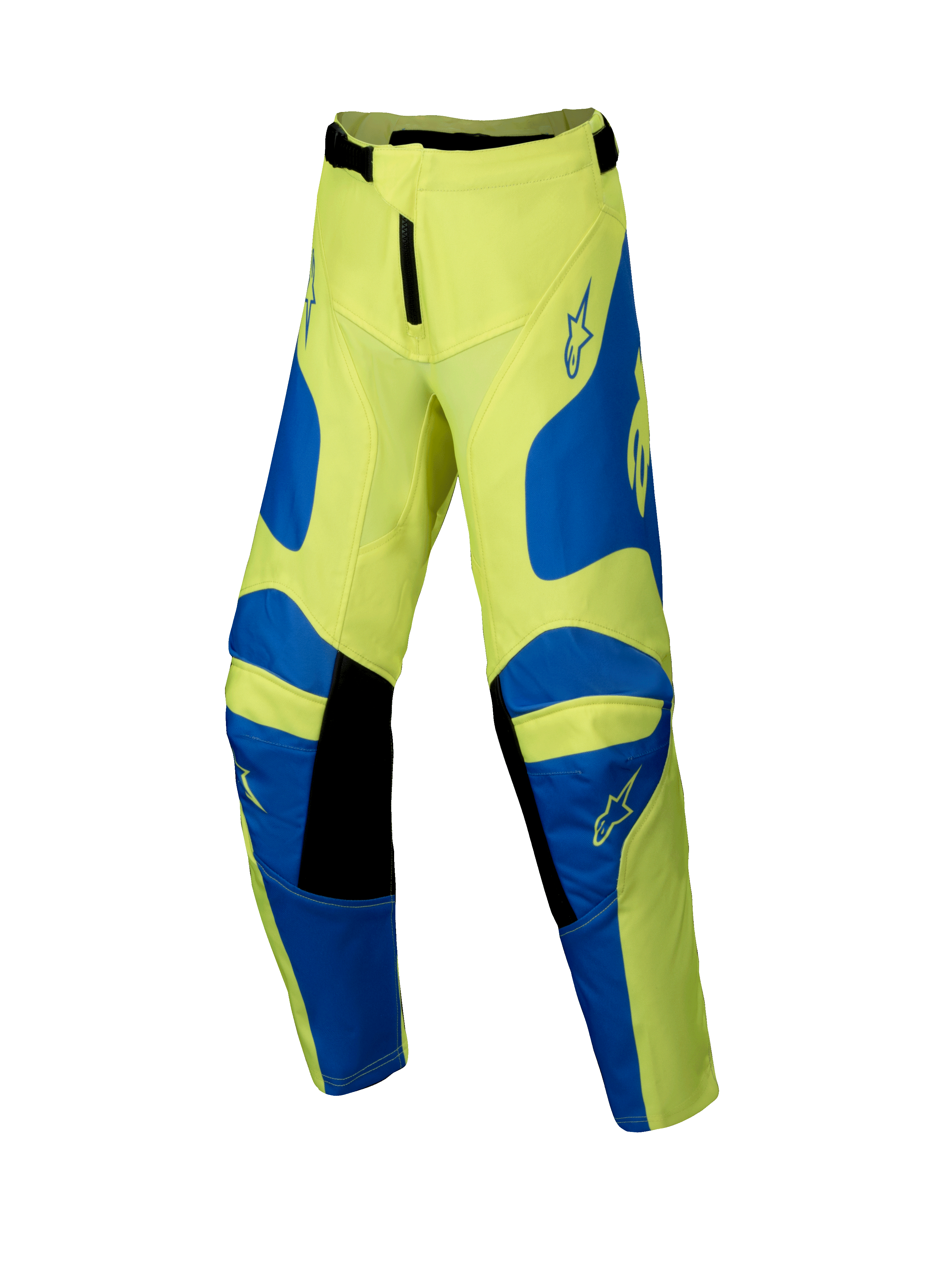 Alpinestars 2025 Youth Racer Veil Pants, spodnie motocrossowe, żółte fluo i niebieskie z czarnymi detalami, młodzieżowa odzież motocyklowa, z logo gwiazdy na udach i kolanach, ergonomiczna, wstępnie zakrzywiona konstrukcja do jazdy terenowej