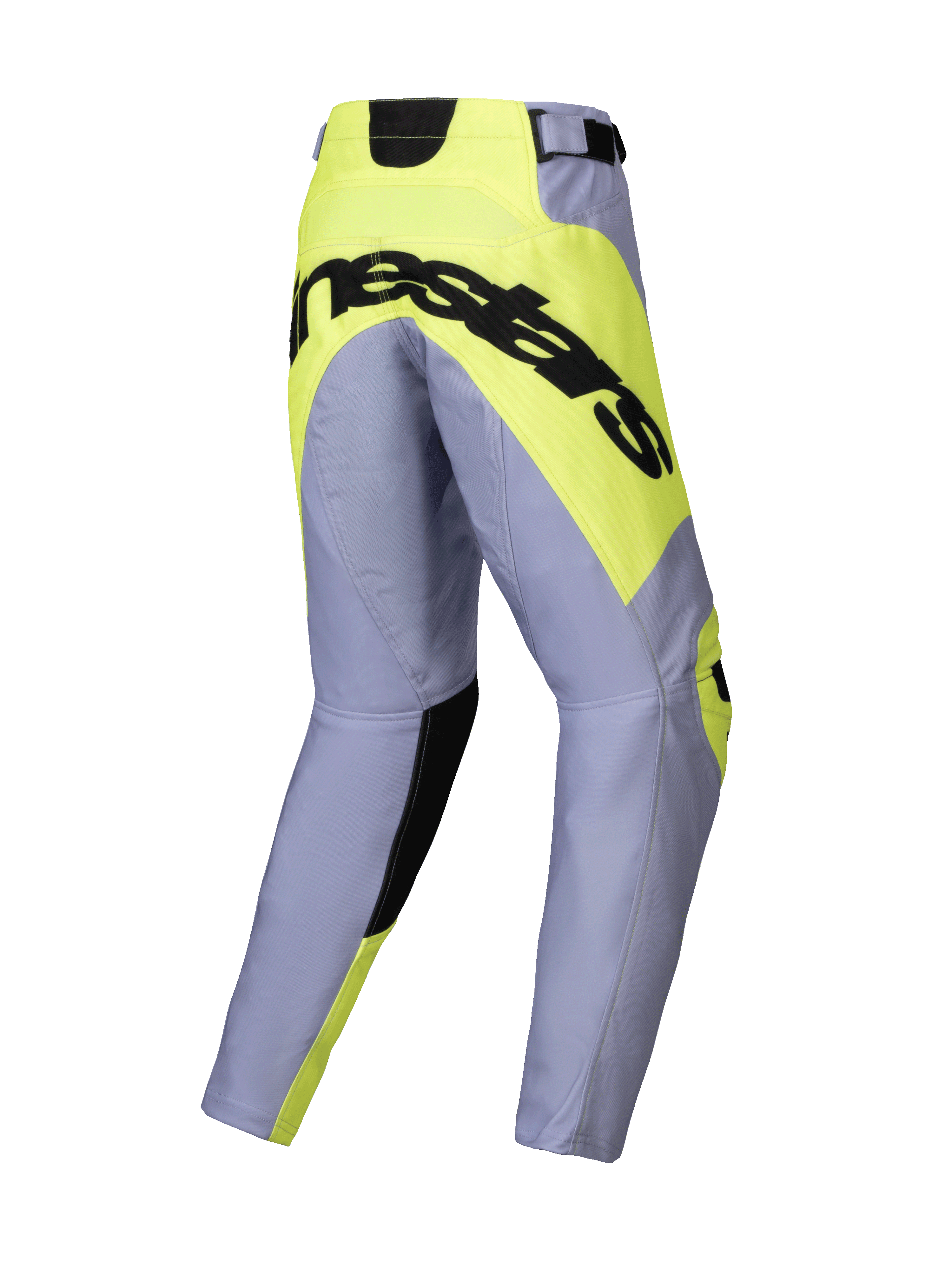 Alpinestars Youth Racer Veil Pants 2025, młodzieżowe spodnie motocrossowe, szare i neonowo-żółte, widok z tyłu z wyraźnym czarnym logo Alpinestars na neonowożółtym panelu siedzenia, wstępnie zakrzywiona konstrukcja nogawek do jazdy terenowej.