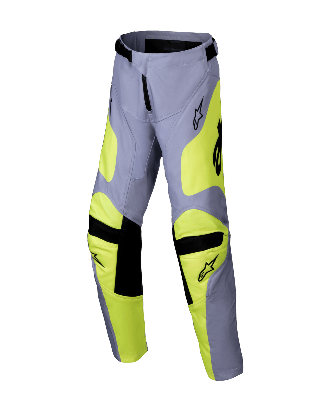 Alpinestars 2025 Youth Racer Veil Pants, spodnie motocrossowe, szare i żółte fluo, czarne akcenty na kolanach i w pasie, sportowy design z profilowanymi nogawkami i logo, wytrzymała odzież do jazdy terenowej