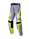 Alpinestars 2025 Youth Racer Veil Pants, spodnie motocrossowe, szare i żółte fluo, czarne akcenty na kolanach i w pasie, sportowy design z profilowanymi nogawkami i logo, wytrzymała odzież do jazdy terenowej