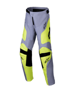 Alpinestars 2025 Youth Racer Veil Pants, spodnie motocrossowe, szare i żółte fluo, czarne akcenty na kolanach i w pasie, sportowy design z profilowanymi nogawkami i logo, wytrzymała odzież do jazdy terenowej