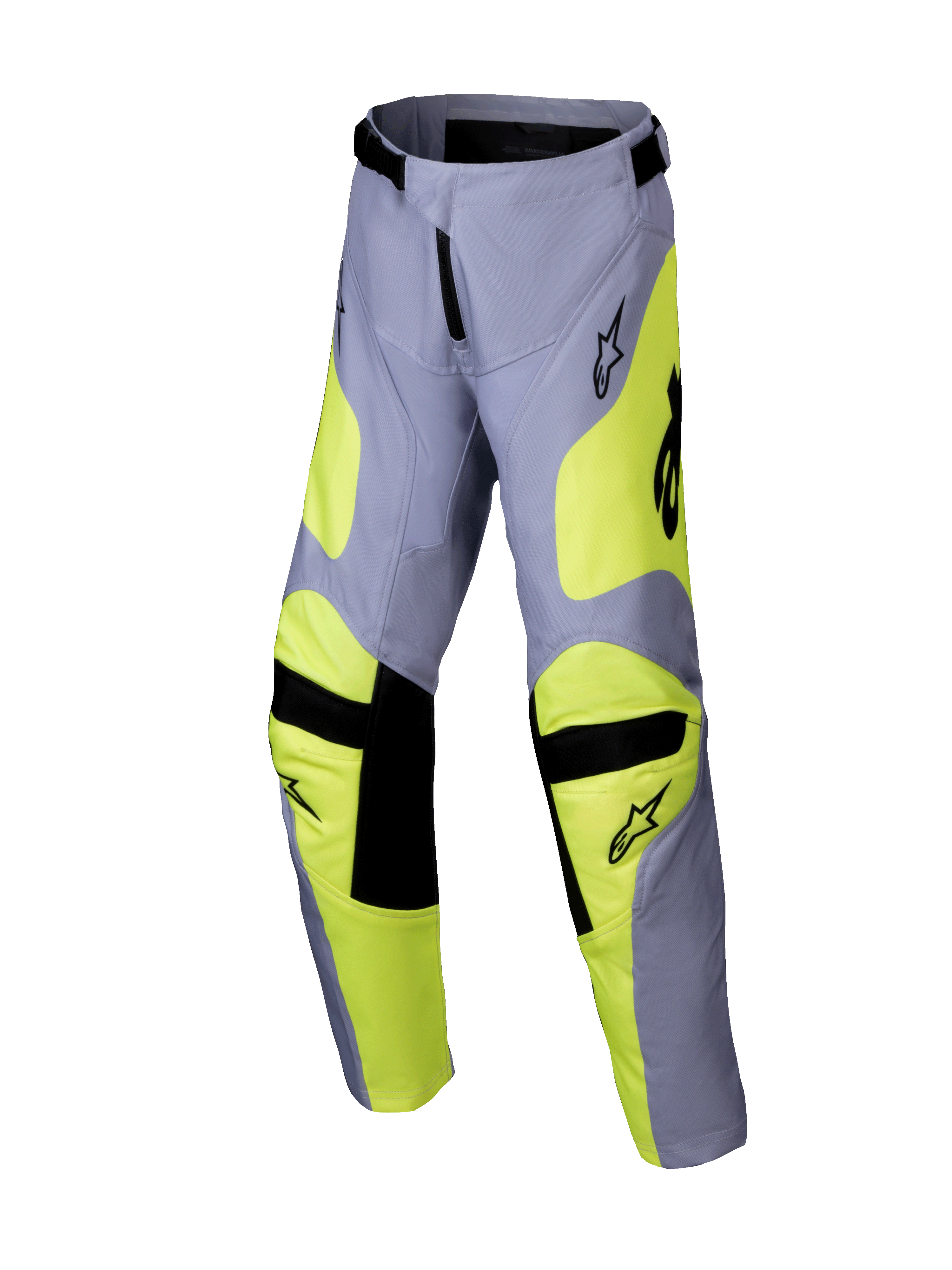 Alpinestars 2025 Youth Racer Veil Pants, spodnie motocrossowe, szare i żółte fluo, czarne akcenty na kolanach i w pasie, sportowy design z profilowanymi nogawkami i logo, wytrzymała odzież do jazdy terenowej