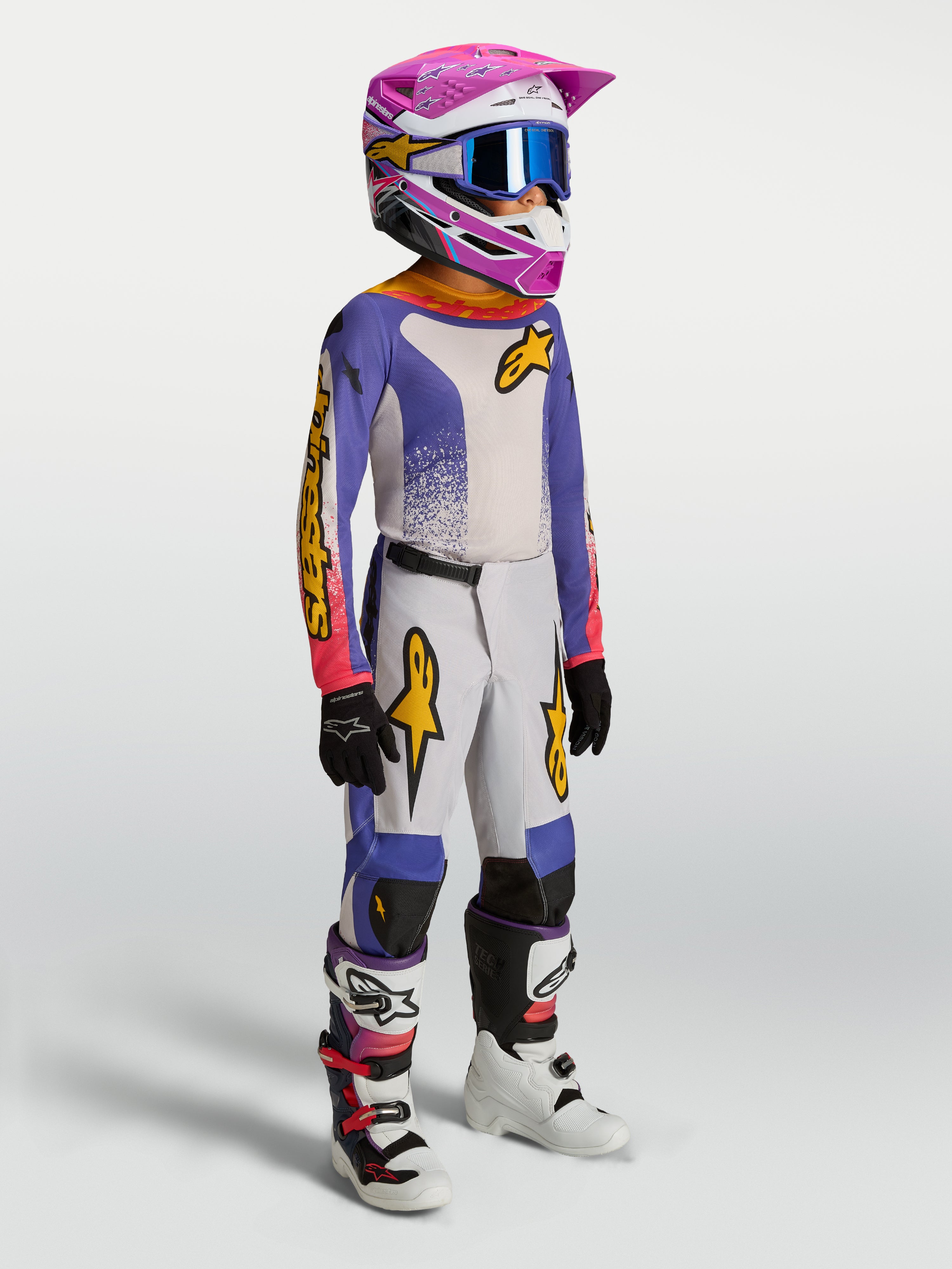 Alpinestars Youth Fluid Drag Pants, blue and gold motocross gear for youth riders, featuring durable textile and ergonomic fit.